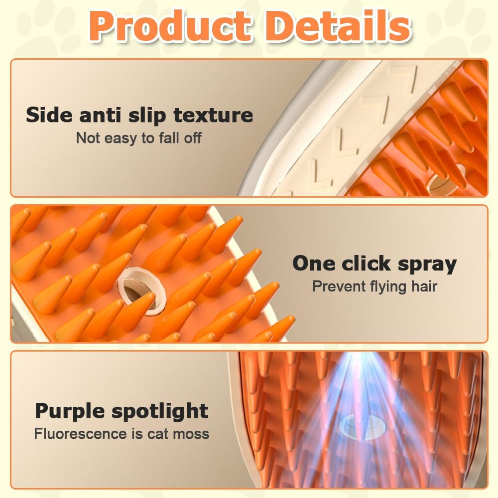 Cat Steam Brush, 3-In-1 Antistatic Steamy Cat Brush, Cat Massage Brush, Grooming Brush with Light for Fighting Cat Lichen for Cats, Dogs, Rabbits, Massage, Self-Cleaning