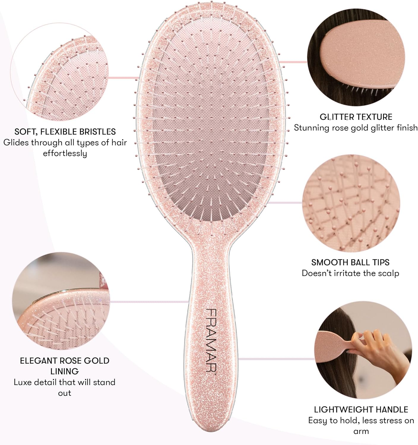 FRAMAR Glitter Hair Brush Detangler, Detangling Hairbrush for Women, Wet Hair Brush for Girls, Hair Detangler Brush, Wet Hairbrush, Hairbrushes, Girls Hairbrush Detangler, Reduces Frizz &ndash; Ros&eacute; image number 3