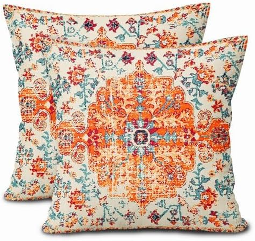 Throw Pillow Cover, Boho Style Ethnic Design Pattern Linen Carpet, Tribal Pattern Throw Pillow Case, Cushion Cover, Home Office Decorative Square 18X18 Inch (2Pcs) (Beige)