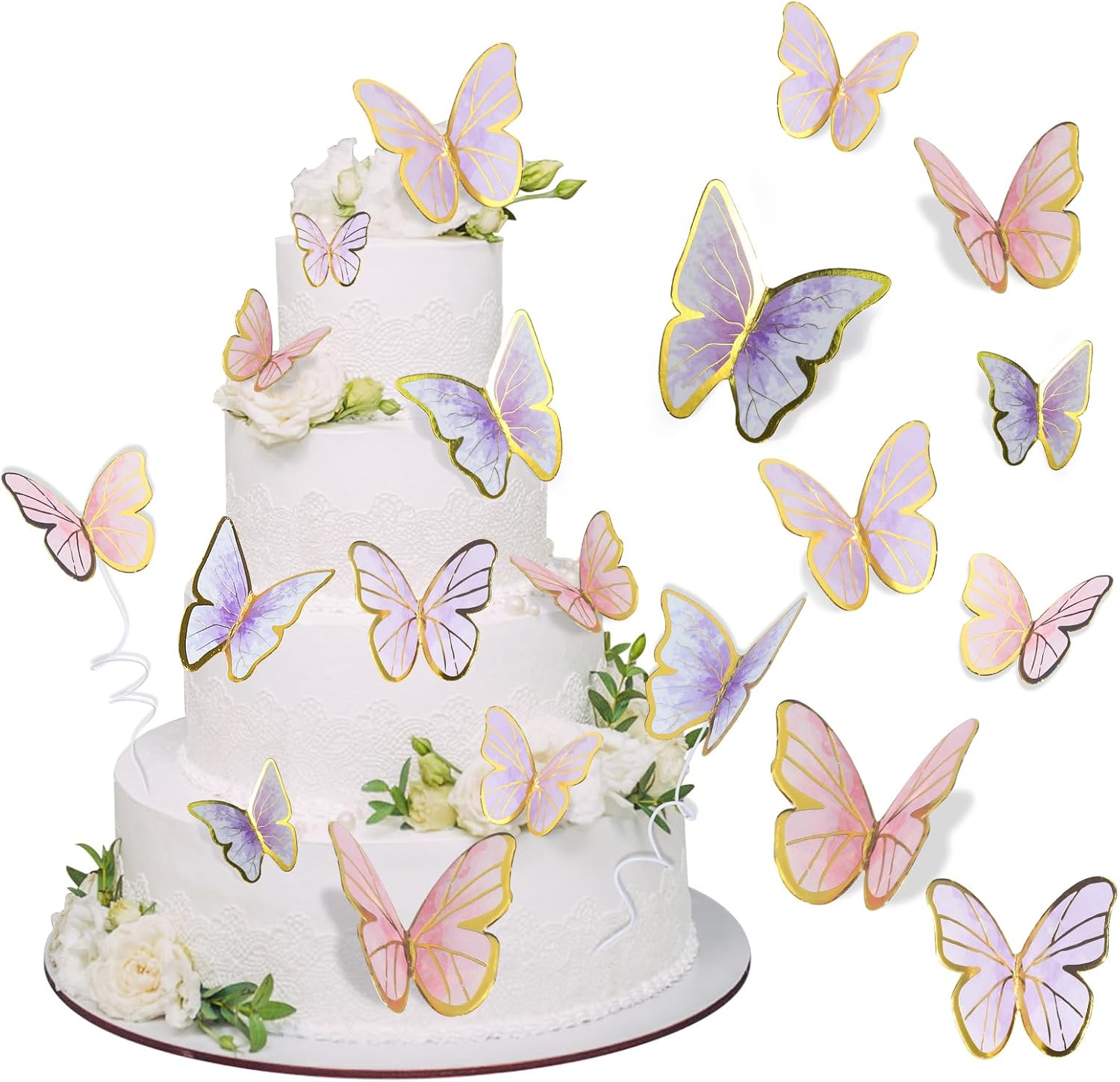160Pcs Purple & Pink Butterfly Cake Toppers, Gold Edge Mixed Size Lively 3D Butterfly Cake Decorations for Birthday Wedding Cake Cupcake Decor Wall Party Supplies image number 2