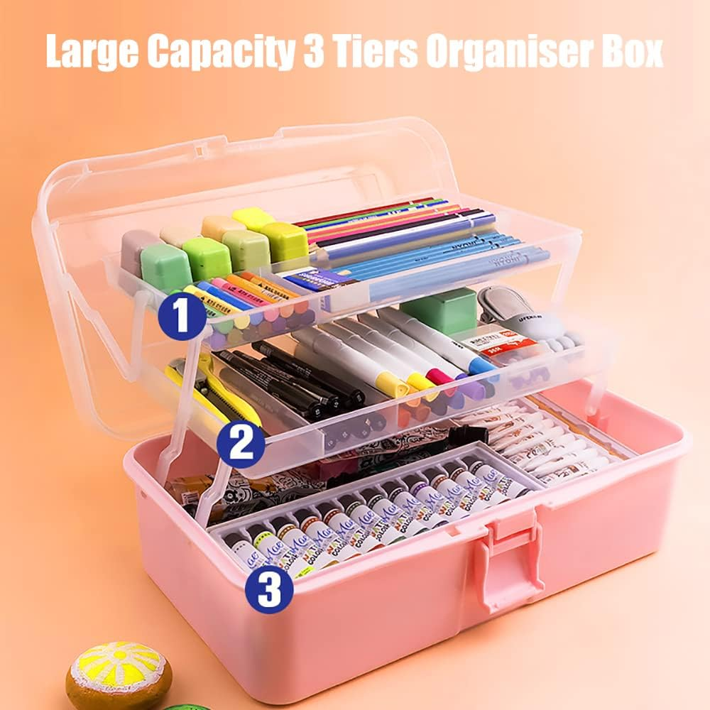 FOREVERIE 3-Tier Empty Luggage Cosmetic Case Large, Transparent Portable Makeup Storage Box, Multifunctional 3-Layer Plastic Tool Box for Barber, Cook, Baker, Nail Artist, Beauty Practitioners (Pink) - Pink image number 6