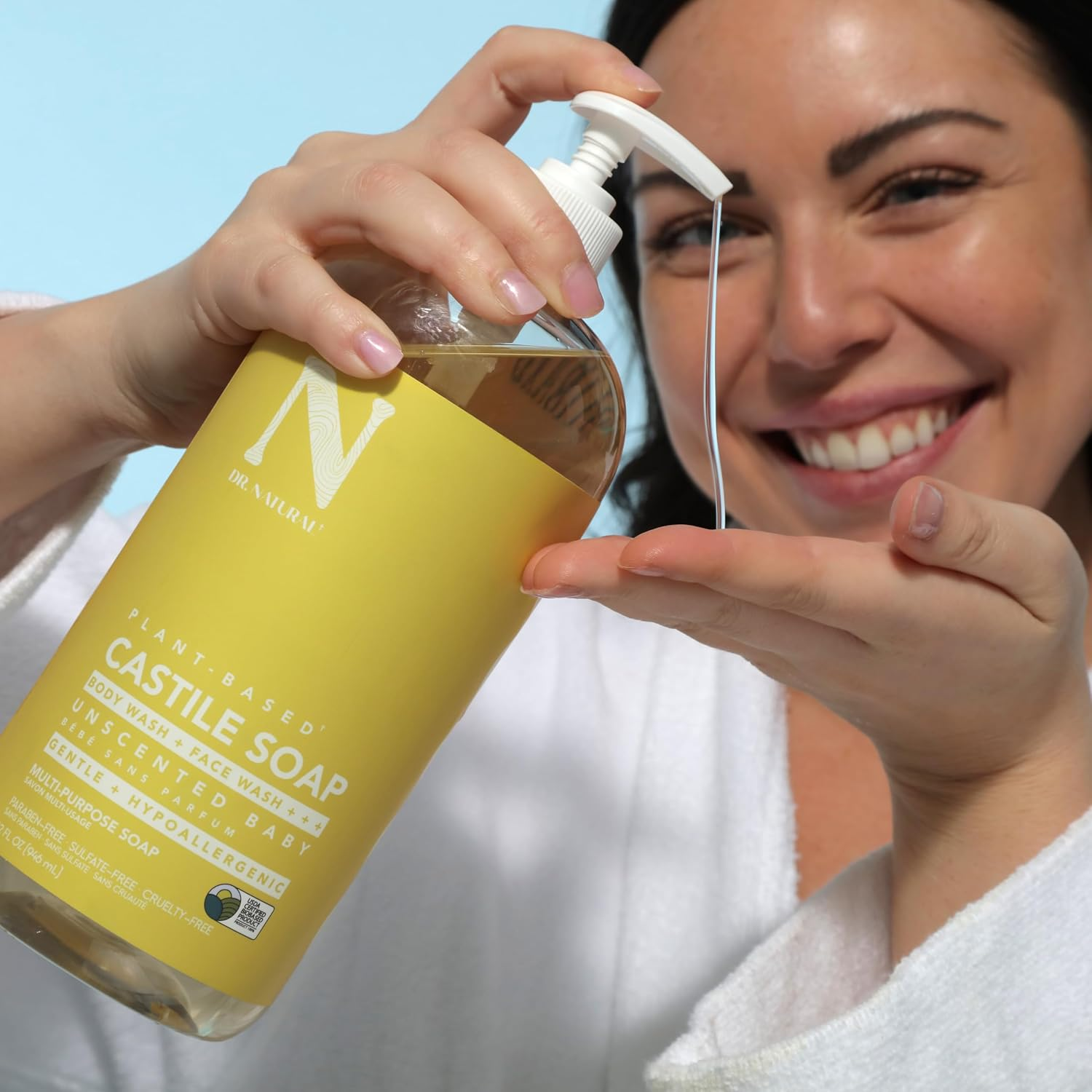 Dr. Natural Castile Liquid Soap - Multi-Use Body Wash, Shampoo and Face Wash - Body Soap for Skin, Hair, Pets and Home - Unscented Baby - 32 Oz image number 3