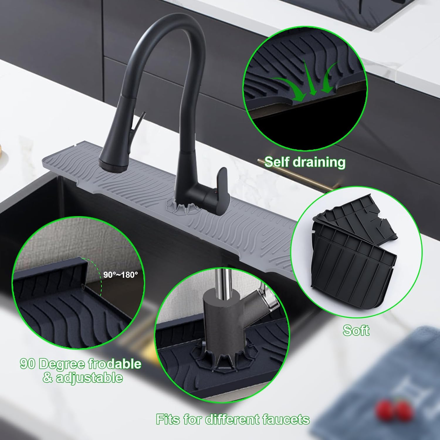 Deaunbr 33-Inch Kitchen Sink Splash Guard Mat, Silicone Material, Protects Faucet Handle, Multipurpose for Kitchen, Bathroom, Sink Sponge Holder - Black image number 4