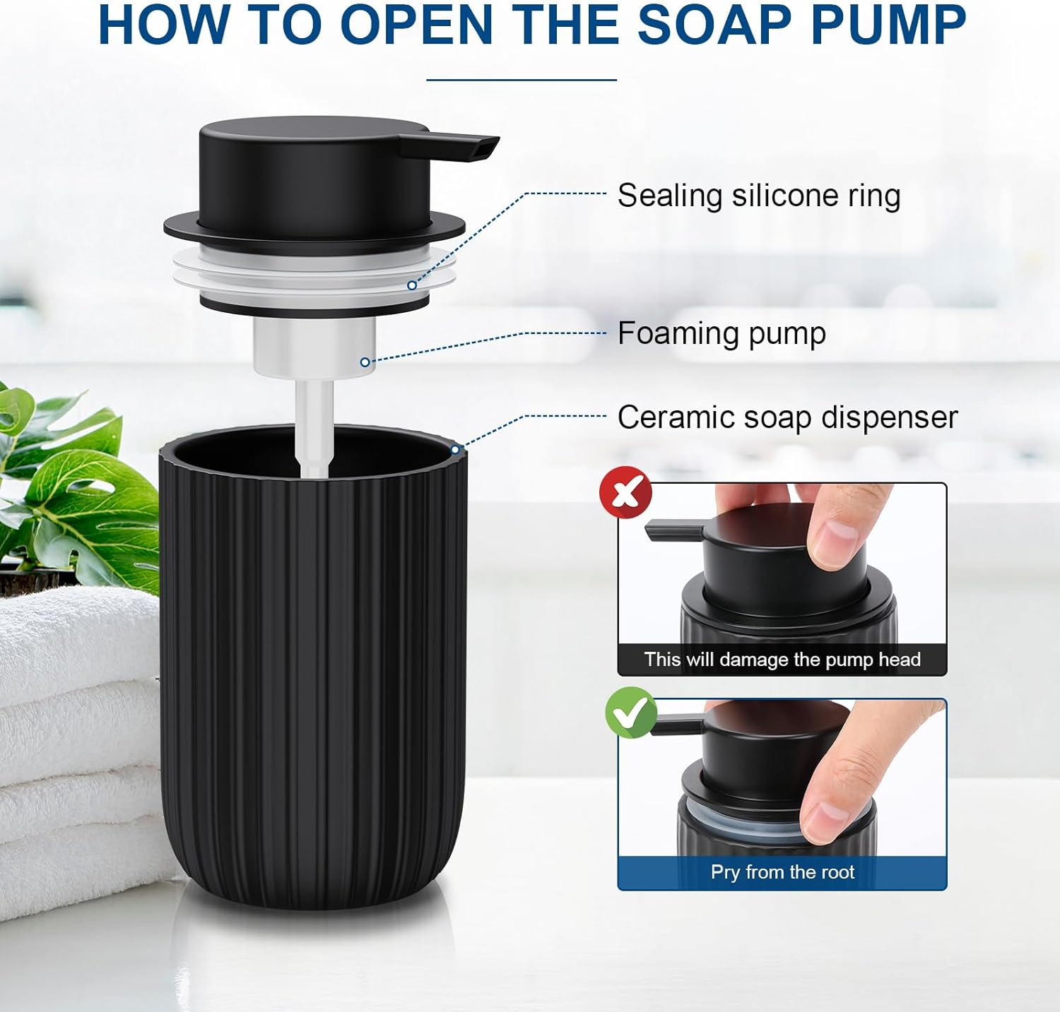 Foaming Soap Dispenser Black, Ceramic Foam Hand Soap Dispenser for Bathroom 12Oz Refillable Liquid Lotion Soap Dispenser with Rust-Proof Foaming Pump for Countertop image number 2