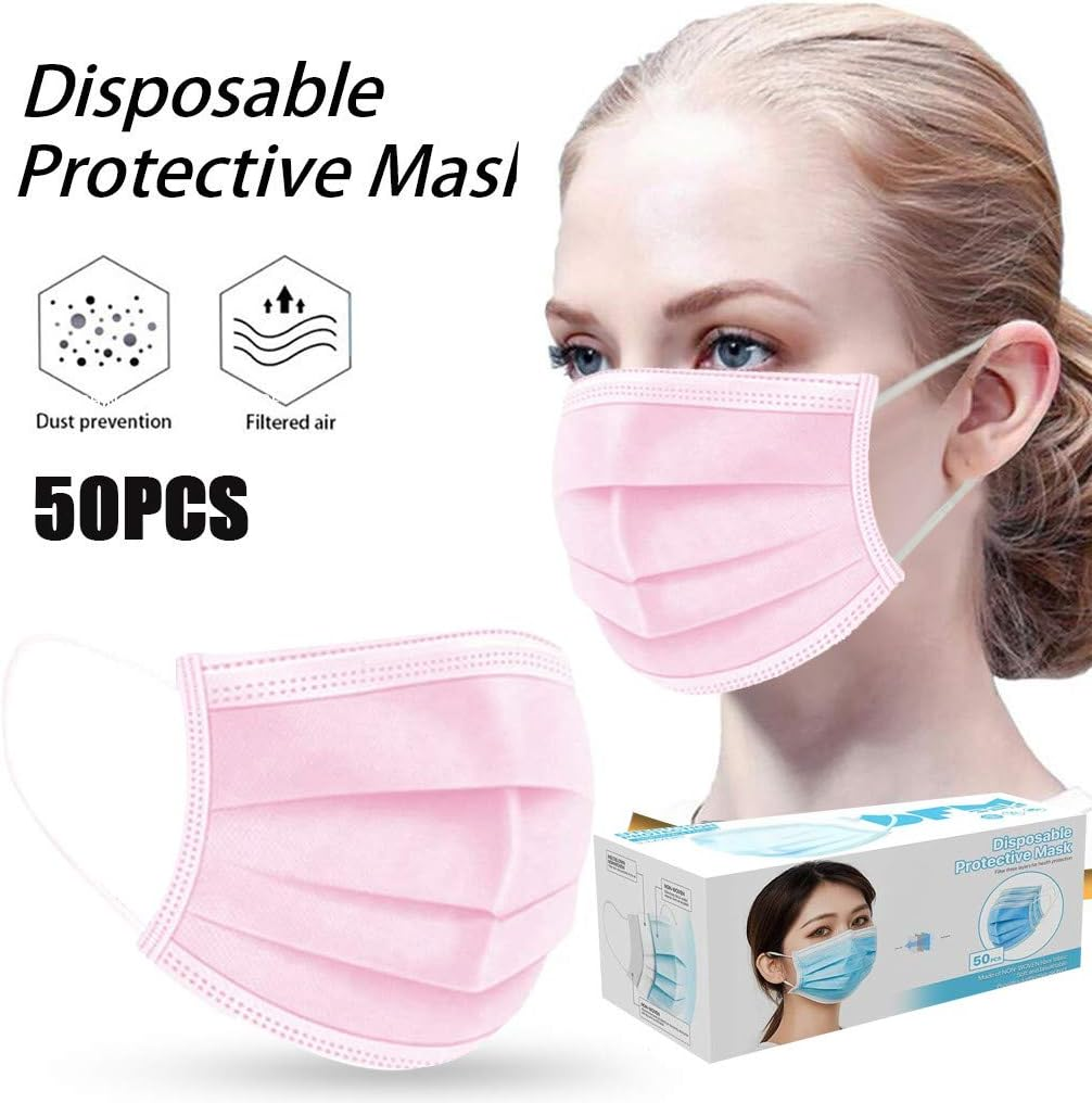50Pcs Disposable_Face_Mask 3 Ply Face Mouth Protection Shield Filter Breathable (50 Pcs Pink) image number 6