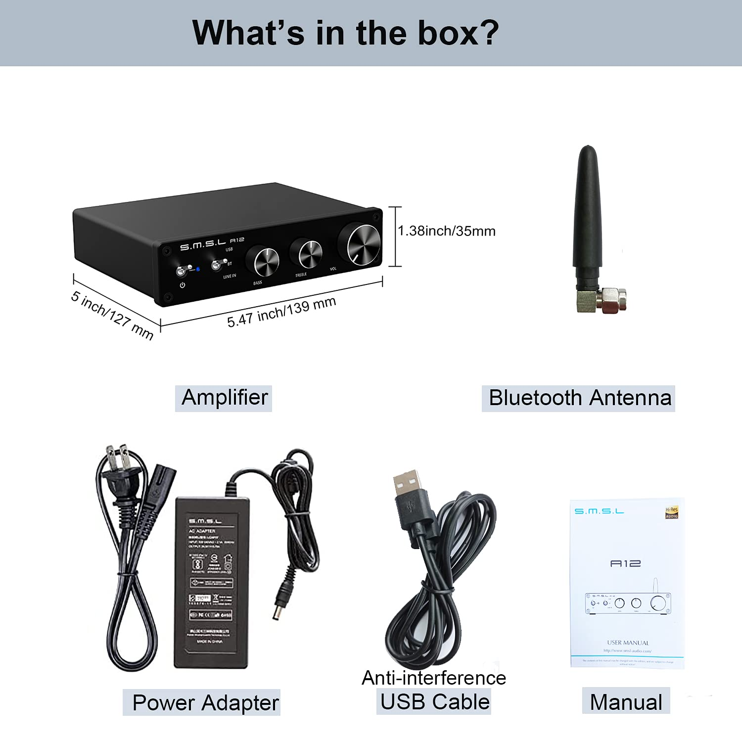 SMSL A12 Stereo Audio Amplifier Bluetooth 5.0 Class D Power Amp Receiver for Home Speakers with Bass and Treble Control Infineon MA12070 image number 6