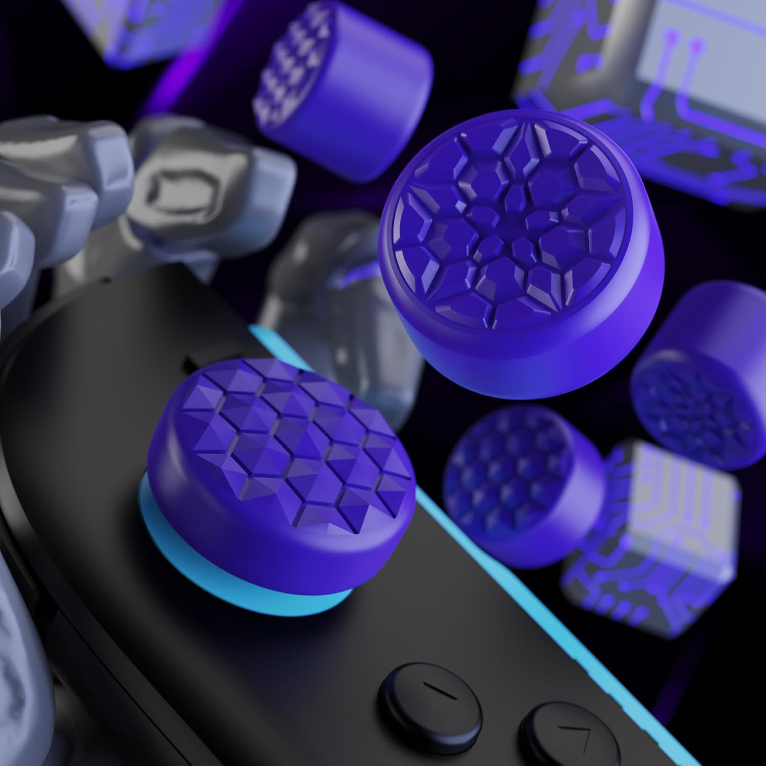 Playvital Quantum Pro Ergonomic Thumbstick Grips for Nintendo Switch 2, Joystick Caps Thumb Grip for Joycon 2 - with 3 Height Convex and Concave - Diamond Grain & Crack Bomb Design - Purple - Purple image number 6