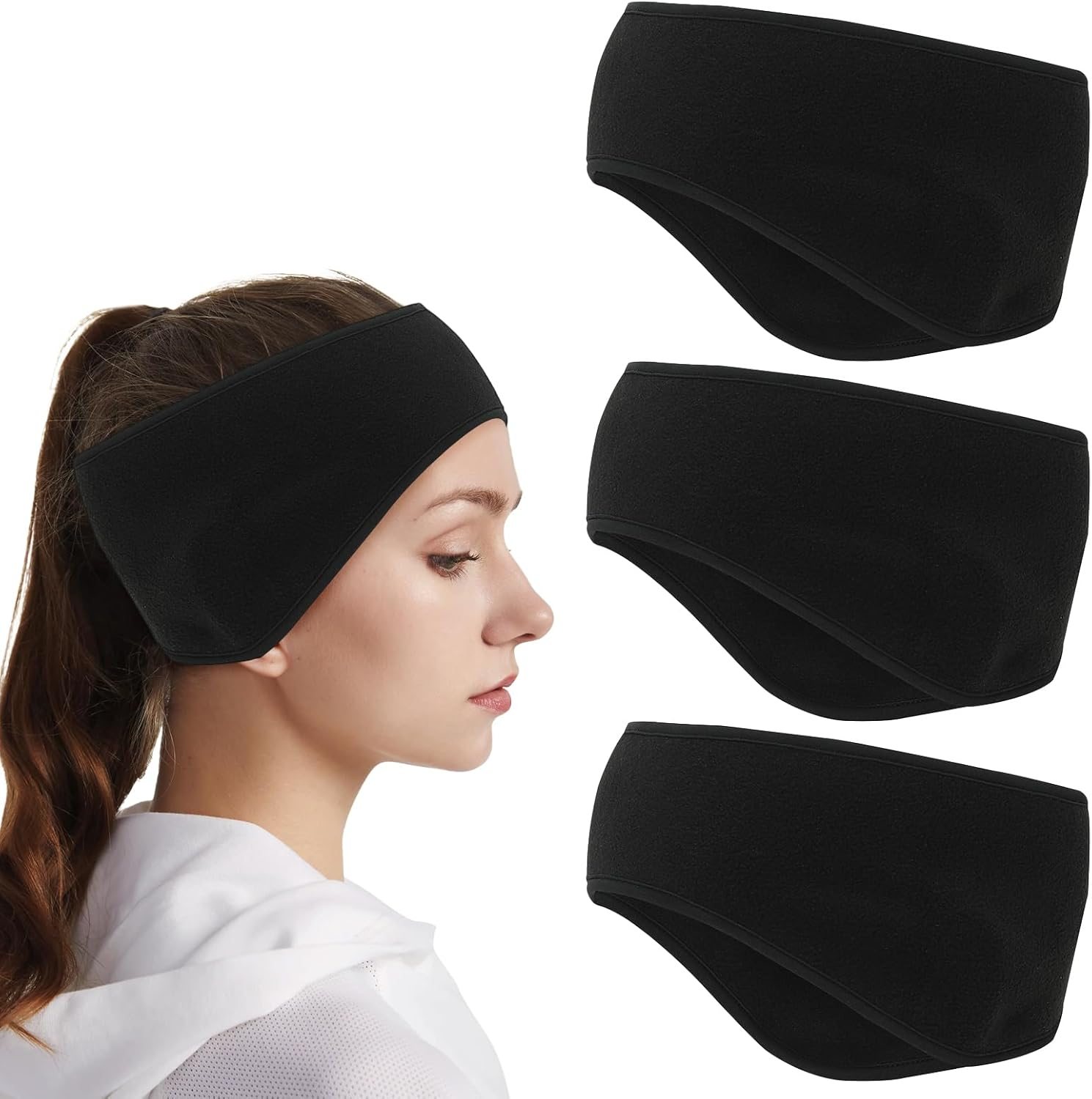 Set of 3 Winter Headband Set, Sports Ear Warmers for Men and Women, Sports Headbands, Earmuffs, Headband, Elastic for Jogging, Running, Hiking, Cycling, Motorcycling (Black) image number 1