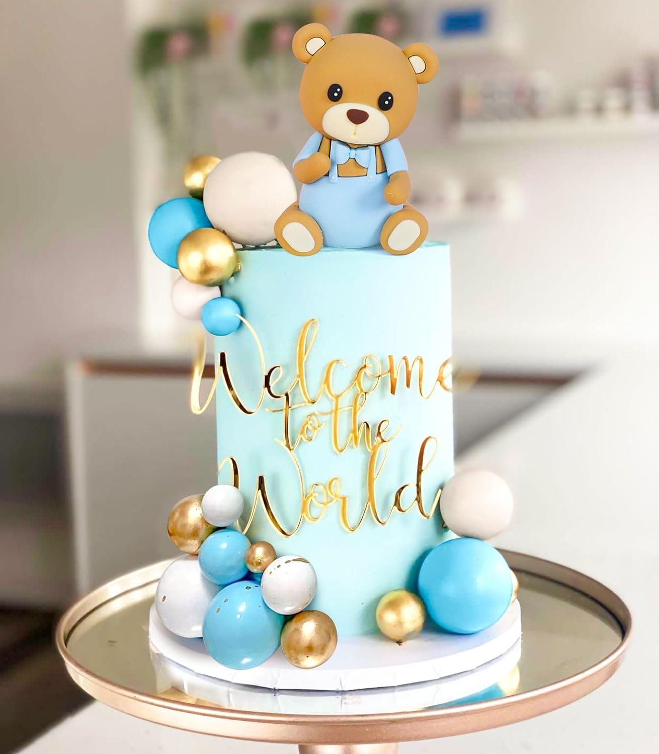 Laventy Teddy Bear Cake Decoration Cake Decoration Baby Shower Boy Cake Decoration Girl Blue Cake Decoration Teddy Bear Cake Decoration for Wedding Baby Shower Birthday Party image number 5