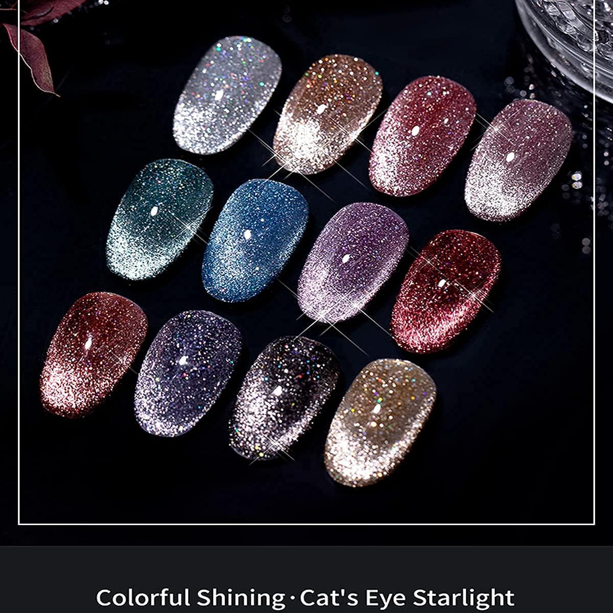 VERONNI Reflective Glitter Cat Eye Gel Nail Polish - Sparkling Diamond, Magnetic, UV LED Varnish - Soak off Gel Nail Art Set (12 Colors) with Magnet image number 4