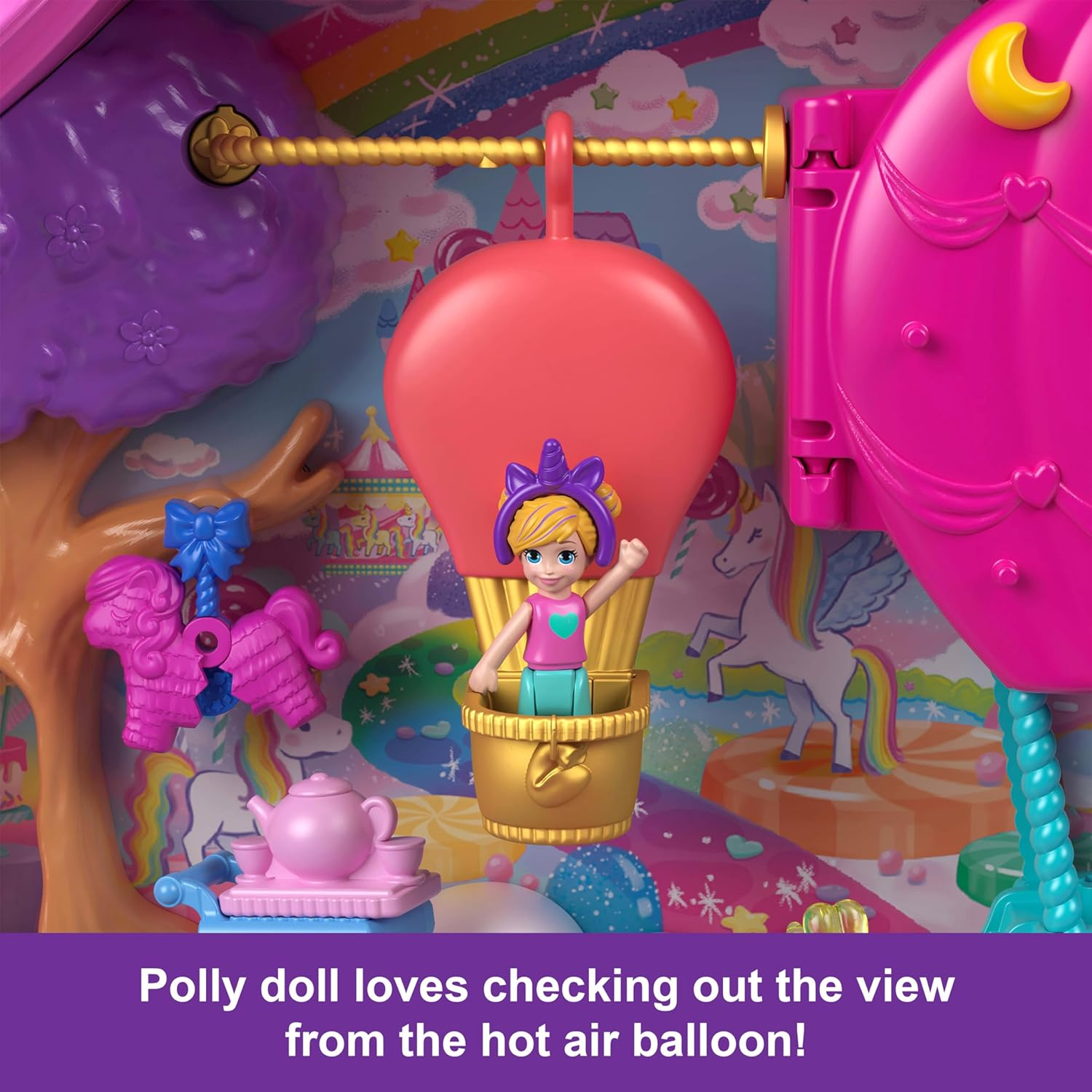Polly Pocket Dolls & Playset with Pets & 25+ Surprise Accessories, Birthday Celebration Unicorn Partyland Playset, Hot Air Balloon Ride image number 2