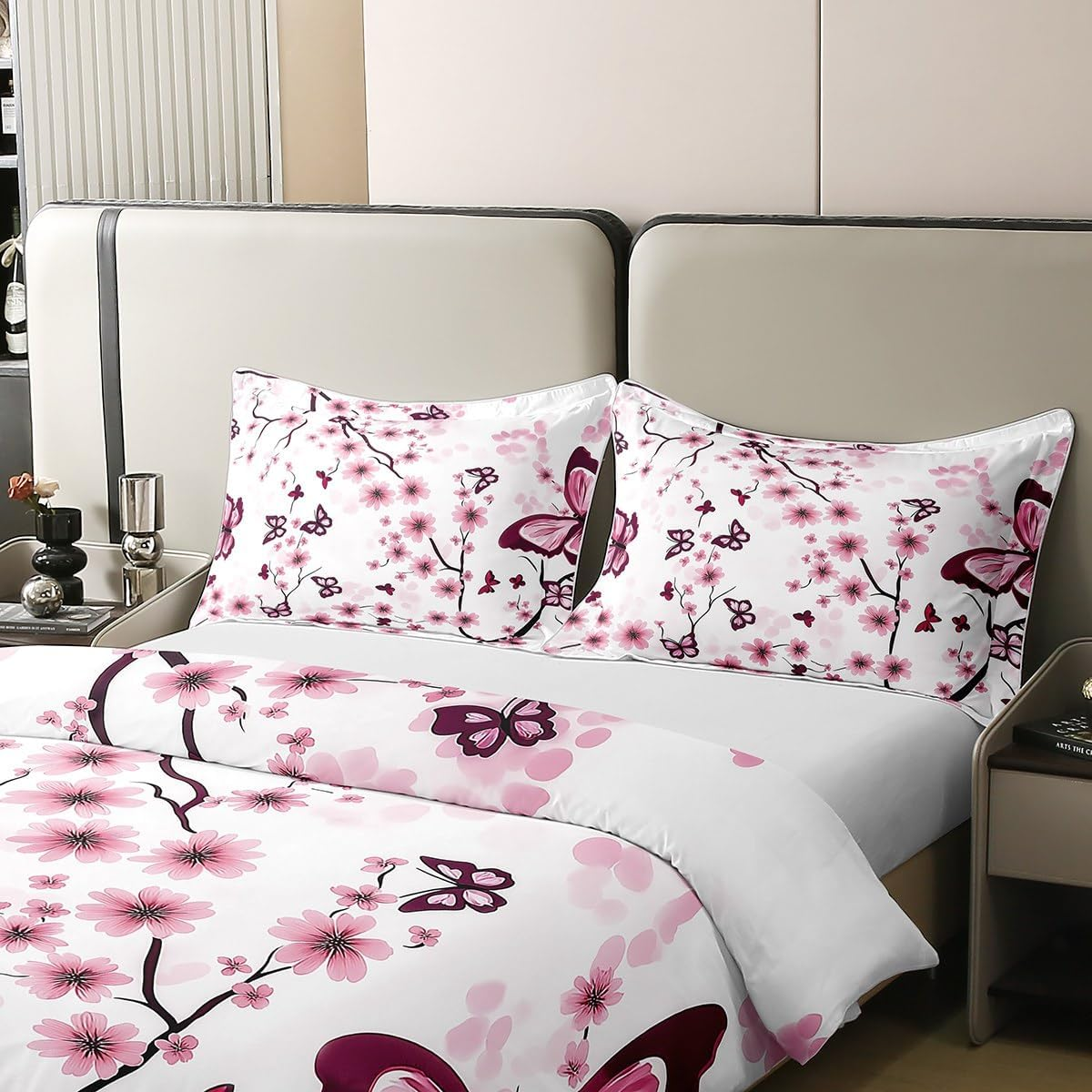 Homewish 100% Cotton Cherry Blossom Duvet Cover, Spring Elegant Flowers Butterfly Bed Linen Set 220 X 240 Cm for Girls Women Girls Japanese Style Bed Set, Botanical Flowers Duvet Cover, Pink Purple image number 6