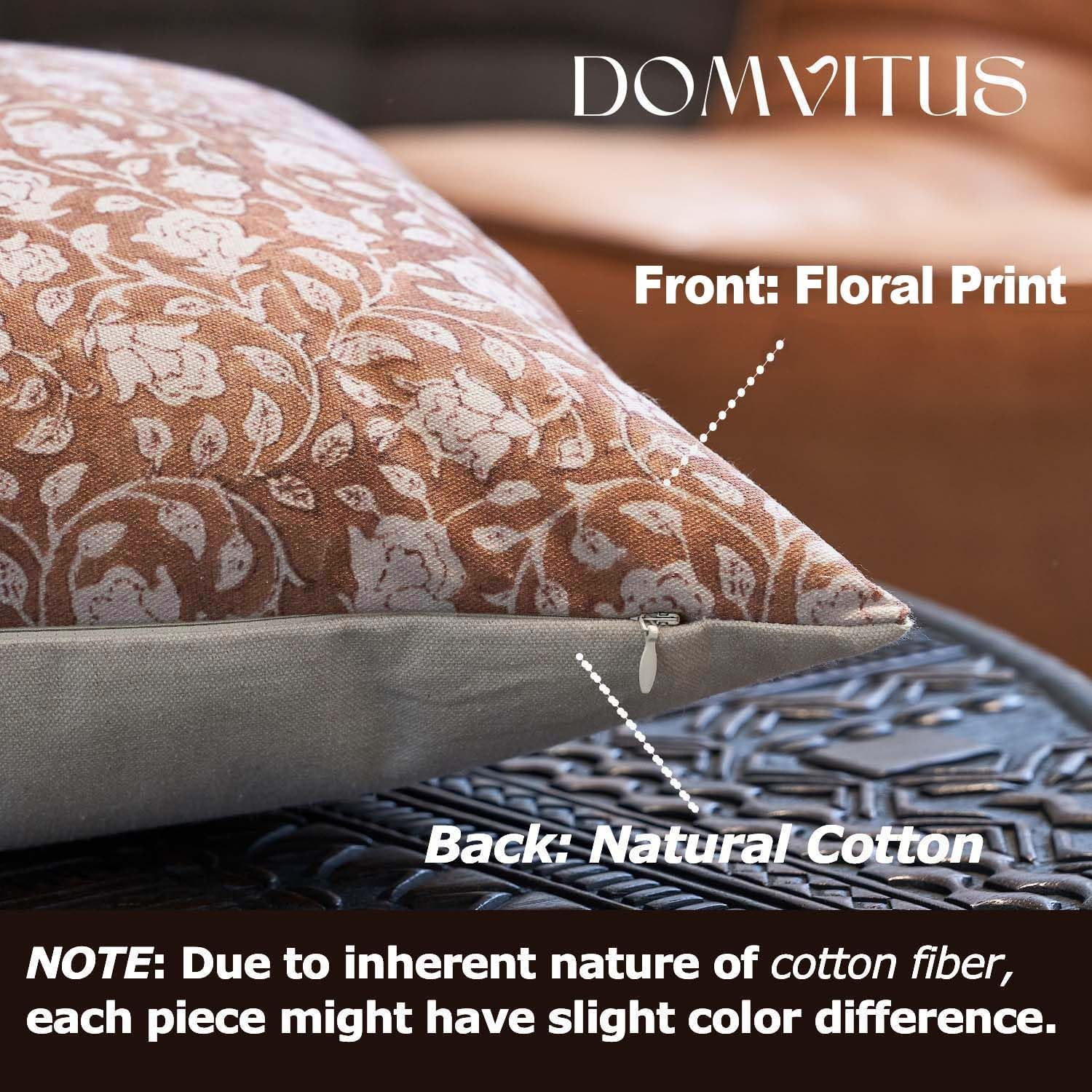 DOMVITUS Floral Pillow Covers 18X18, Throw Pillows for Couch, Block Print Pillow Cover, Decorative Neutral Accent Throw Pillow Covers for Living Room, 1PC, Brownish Orange image number 5