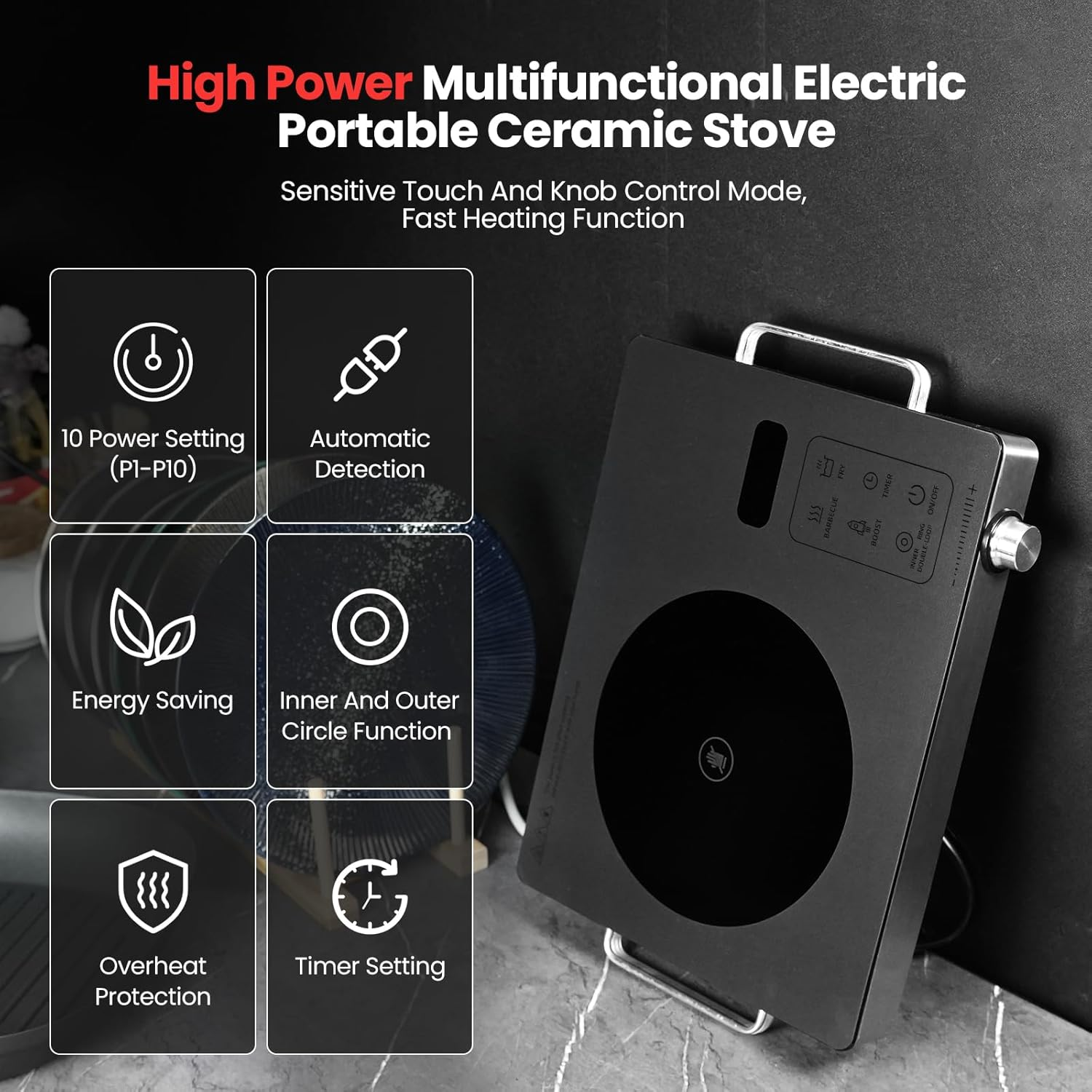 VEXMAECY 3500W Portable Stainless Steel Countertop Cooktop,Ceramic Cooktop Infrared Cooker Hot Plate with Double Rings Heating Dual Control 10 Power 3H Timer for Cooking Gray image number 2