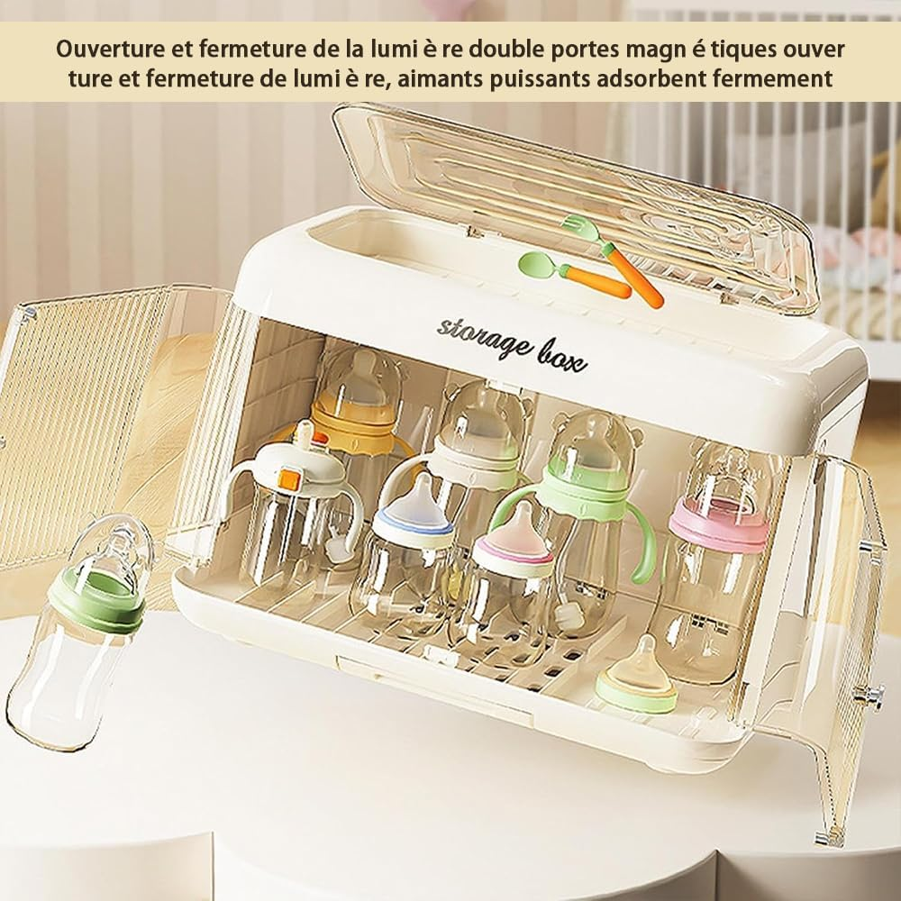 Baby Bottle Storage Organizer & Draining Rack &ndash; Large Transparent Container for Milk Bottles, Foldable Drying Holder, Space-Saving Nursery & Kitchen Counter Organizer