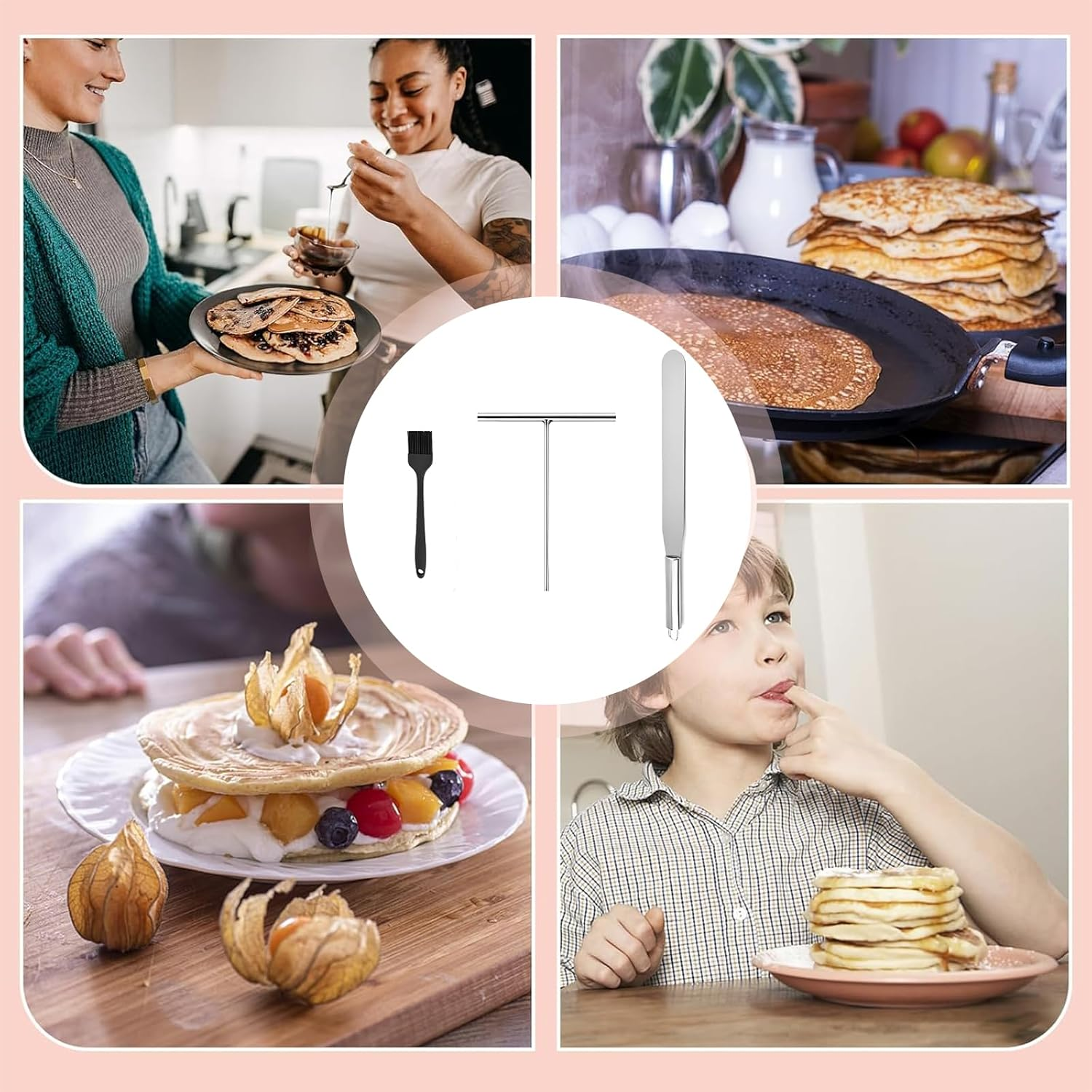 Set of 3 Crepe Distributors, Crepes Distributor and Spatula, Stainless Steel Crepe Turner, Dough Distributor, Crepes Spatula, T-Shape Crepe Maker Accessories for Home, Kitchen, Baking, Cooking, Baking image number 3