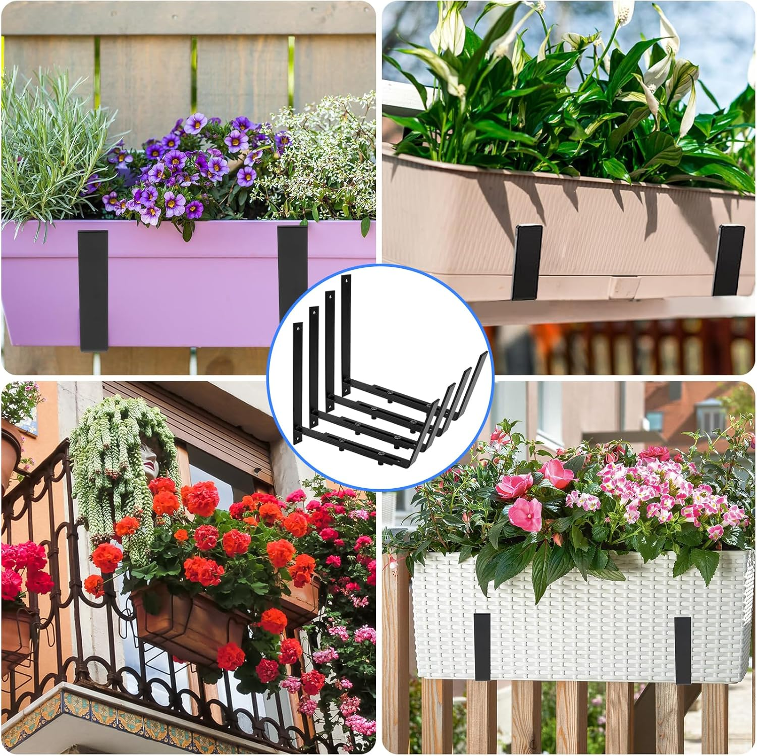 4 Pack Flower Window Box Brackets , Adjustable Wall Mount Planter Box Bracket , Heavy Duty Iron Flower Box Holder，For Railings Deck Windowsills Gardens Fences and Balconies image number 5