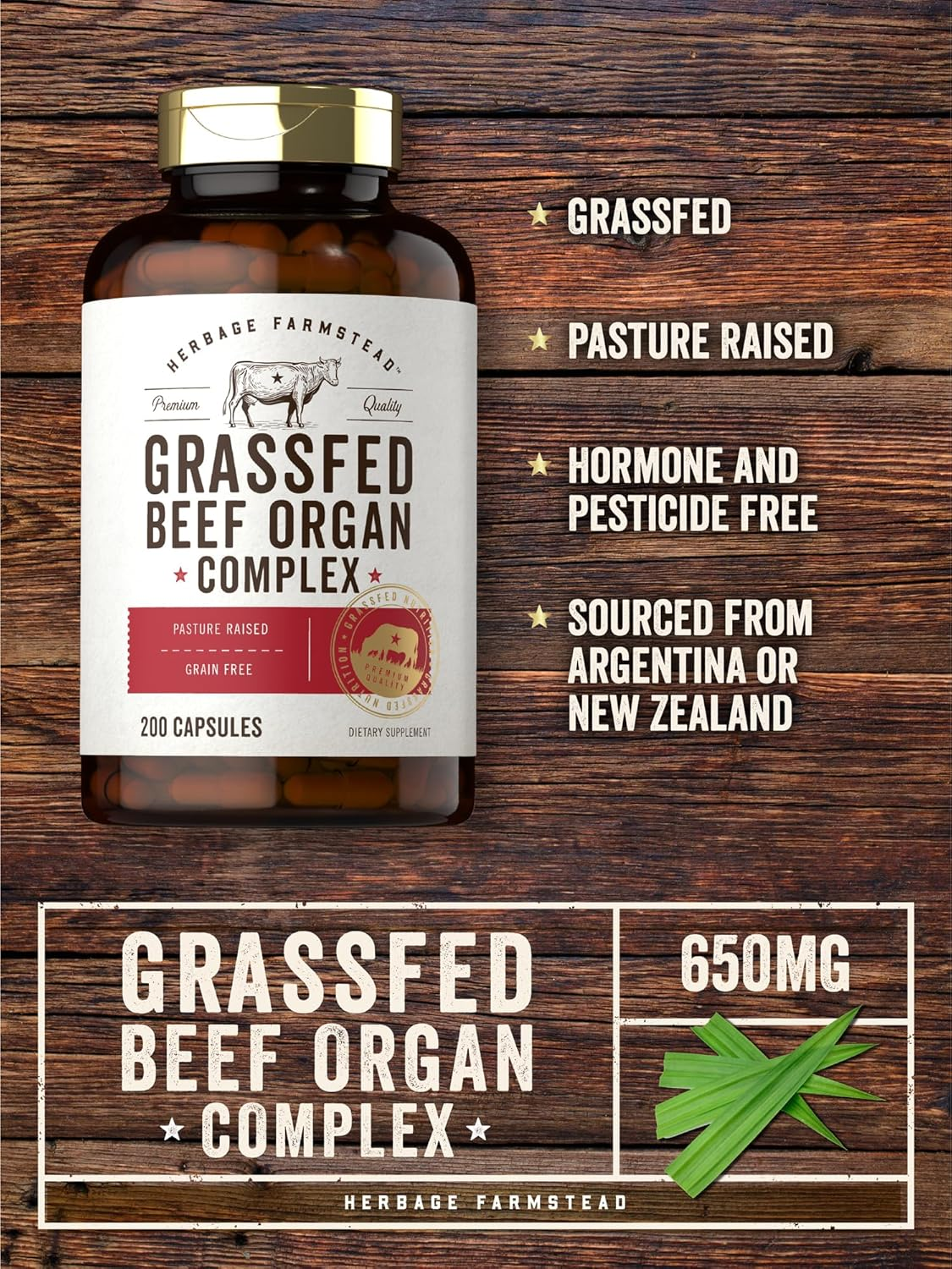 Grassfed Beef Organs Capsules 3250Mg | 200 Count | Desiccated Liver, Kidney, Pancreas, Heart, Spleen Supplement | Non-Gmo, Gluten Free | by Herbage Farmstead image number 2