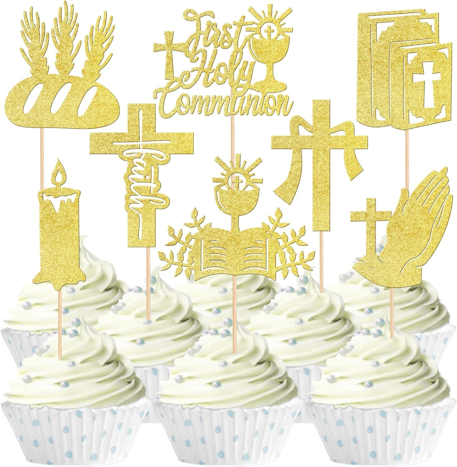 24 Pack First Holy Communion Cupcake Toppers Glitter Cross Bible Cupcake Picks Angel God Bless Cake Decorations for First Communion Baptism Religion Theme Birthday Party Supplies (Gold) image number 5