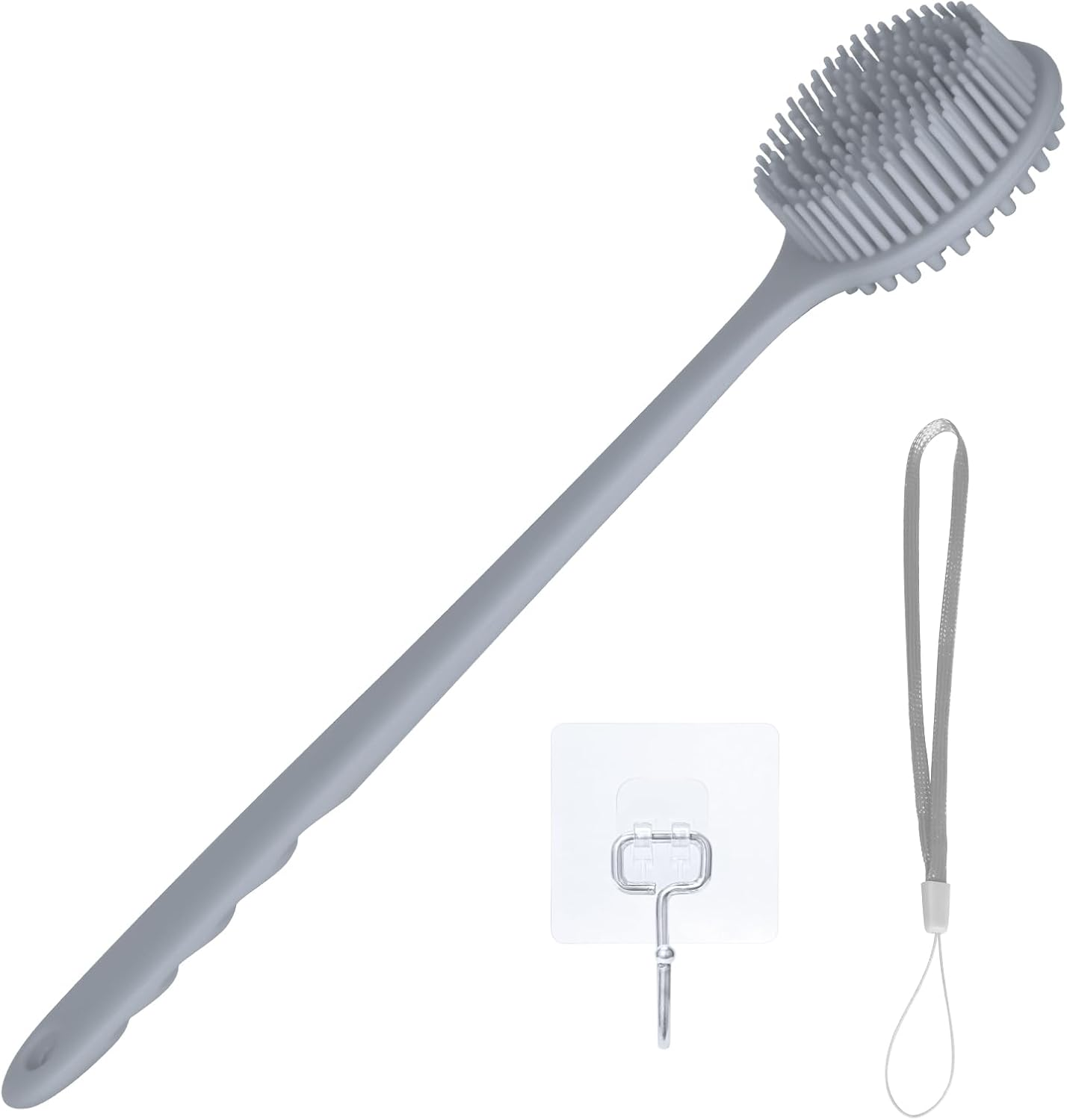Silicone Back Scrubber for Shower Bath Body Brush with Long Handle Double Sided Exfoliating Shower Brush with a Hook and a Lanyard