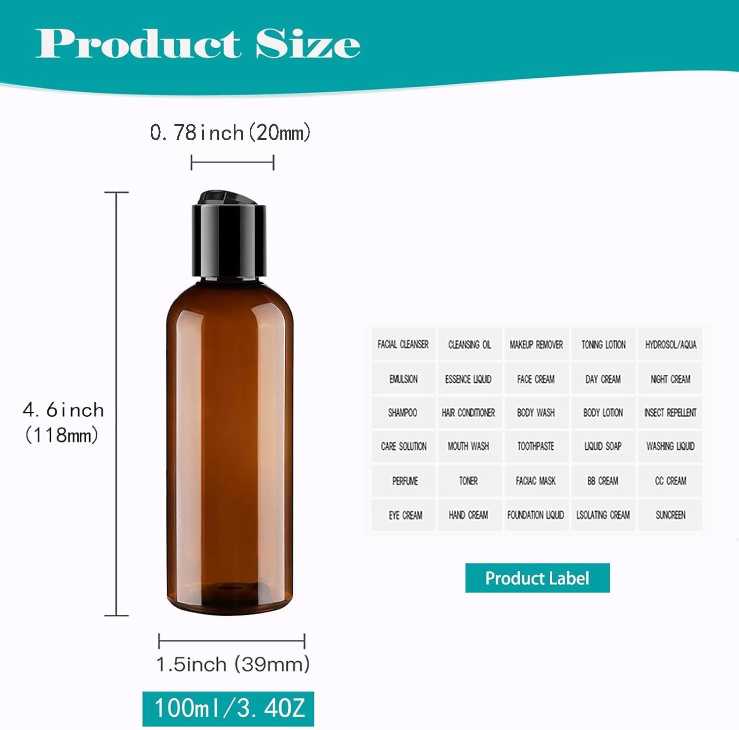 Toiletry Travel Bottles, 4Pack 3.4Oz/100Ml - Squeezable Plastic Containers with Flip Caps - Refillable Cosmetic Kit for Shampoo, Conditioner, Lotion, and Travel Essential- Brown image number 3