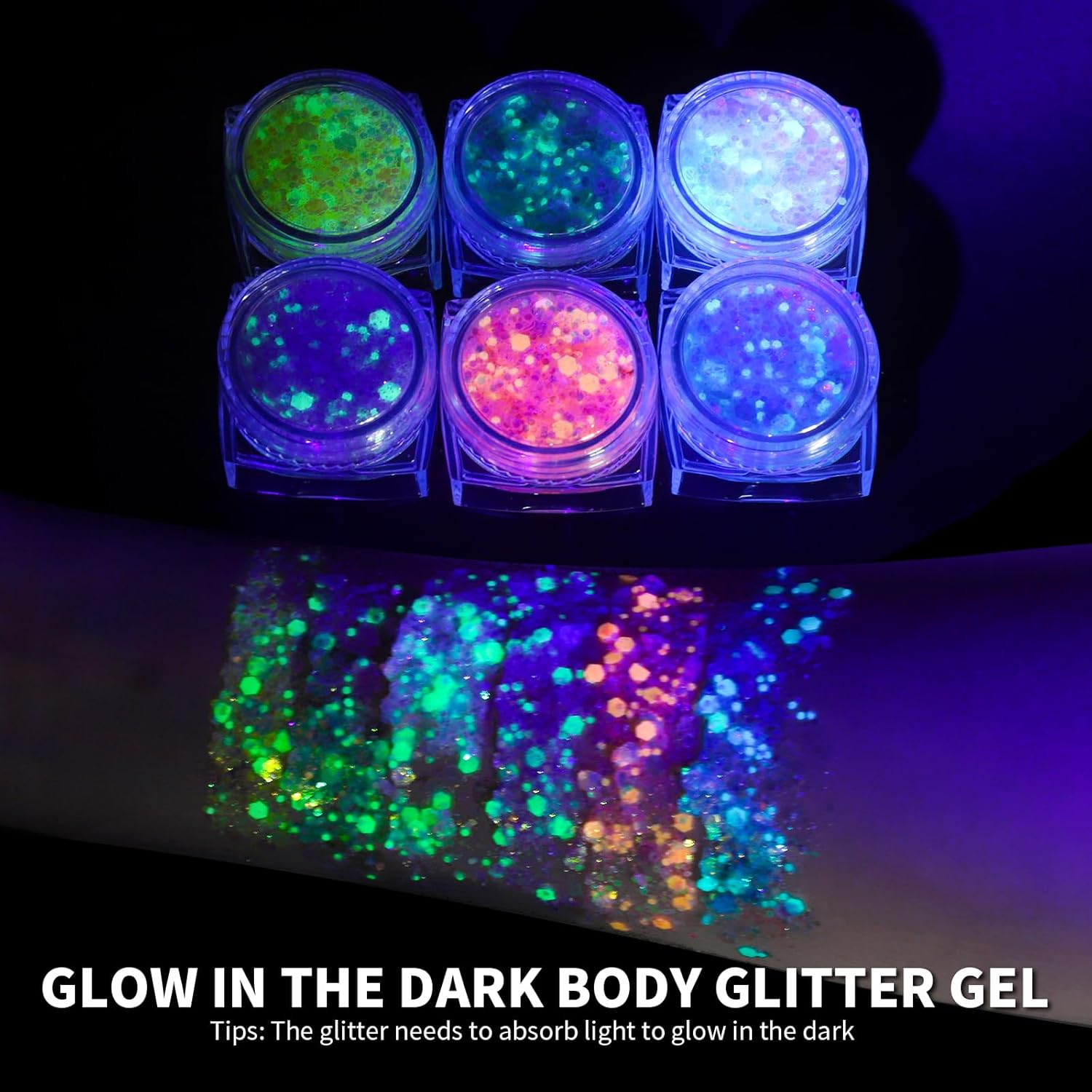 Teenitor 6 Colors Glow in the Dark Glitter Gel, Face Glitter Gel, Body Glitter Hair Glitter for Halloween Makeup UV Black Light Party Cheer Raves Festivals image number 2