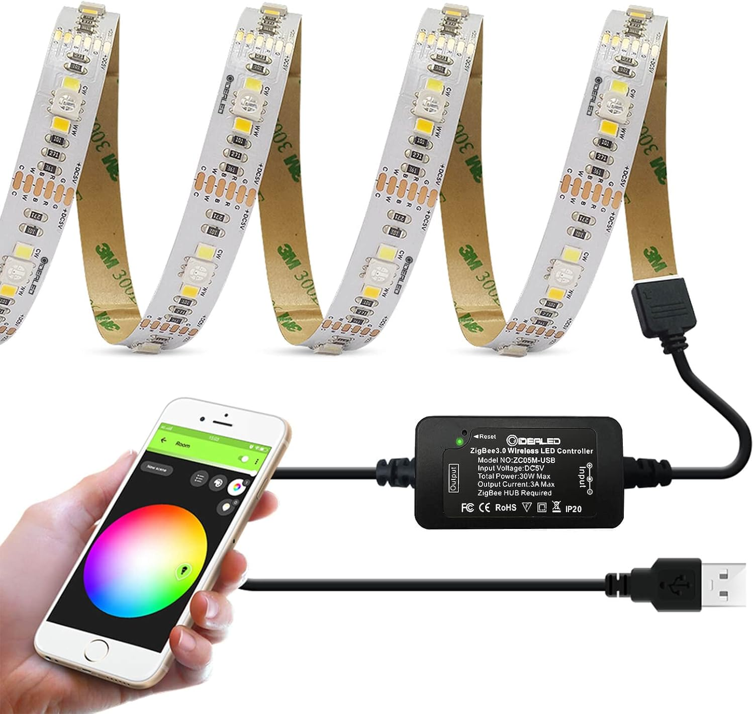 Zigbee USB RGBWW LED Strip Light Dimmable Smart Ambiance LED Kit Work with Hub Bridge Echo plus for App/Alexa Voice Control 6.56Ft RGB Cold White Warm White 5V RGBCCT Lightstrip plus Lighting