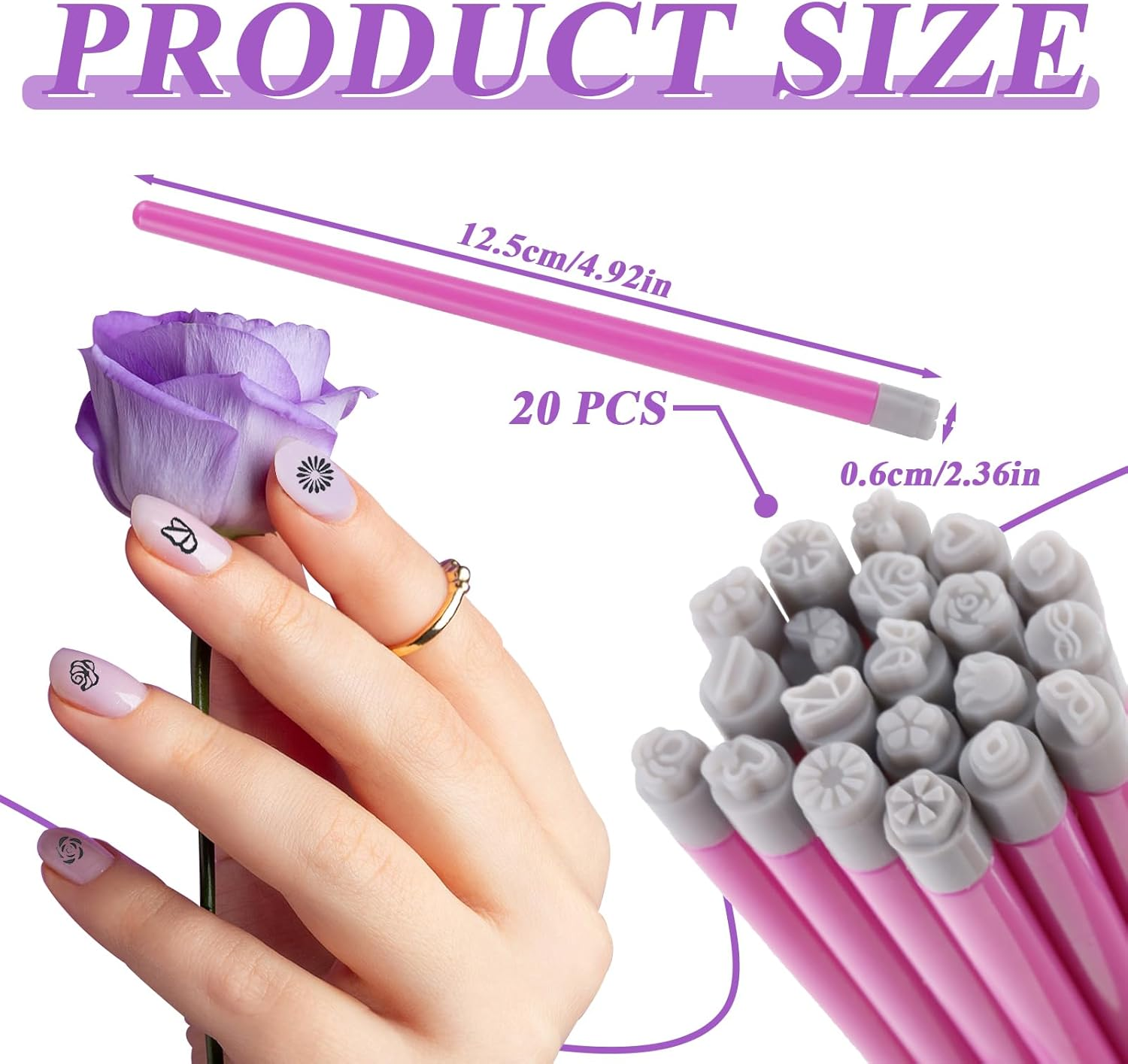20 Pieces Nail Art Stamp Pen Set with Different Patterns, Craft Nail Stamping Pen for Women Manicures, Butterfly Flower Rose Design Stamp Pencil Stamper Tools Kit for Home Salon DIY image number 3