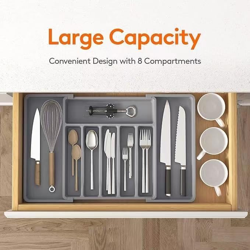 Drawer Organiser Expandable Tray for Kitchen or Office,Adjustable Silverware Flatware/Stationery Holder, Compact Plastic Storage for Spoons/Forks/Knives/Pens/Sticky Notes (GREY) image number 4