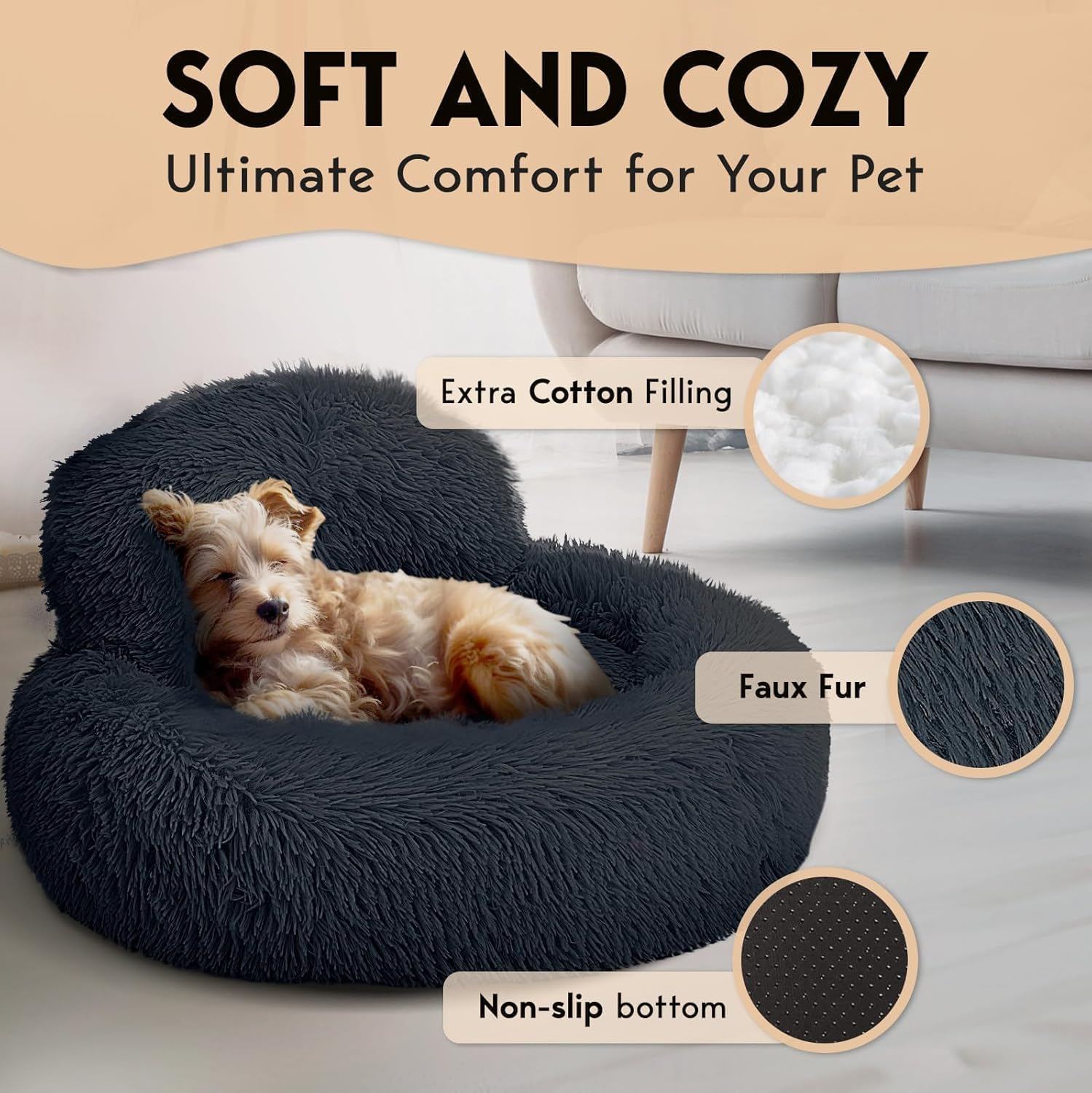 Calming Dog Bed - Donut Dog Beds for Small, Medium, Large Dogs, Washable round Dog Bed- Fluffy Plush Faux Fur Pet Bed, Anti-Anxiety Puppy Bed, 90Cm Fits up to 45Kg Pets (Dark Gray, S-60CM) - Beige image number 3