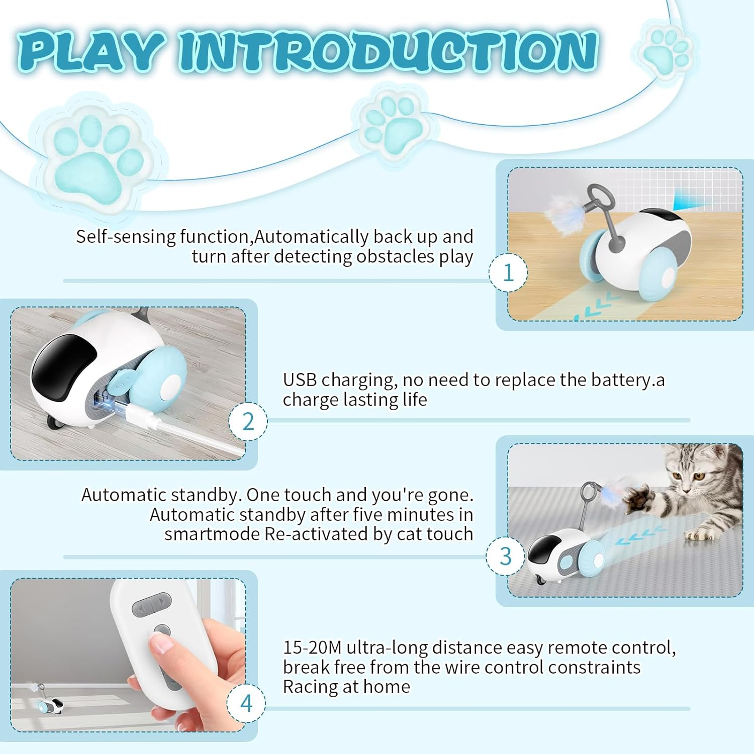 Cat Toy Cat Toy Self-Employment Cat Toy Intelligence Remote Control Mode plus Automatic Mode USB Rechargeable with Remote Control Keep Your Cat Moving (Blue) image number 2