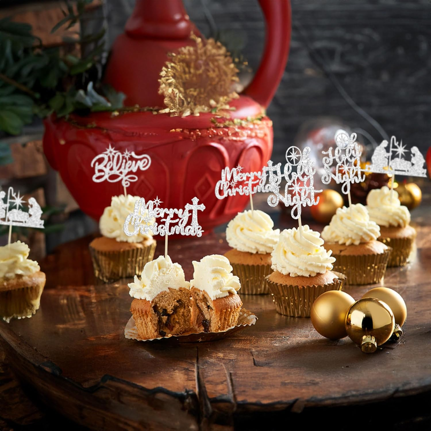 24Pcs Merry Christmas Nativity Cupcake Toppers Glitter Holy Night Blessed Hope Believe Jesus Birthday Cupcake Picks for Nativity Scene Theme Christmas Party Supplies Silver image number 6