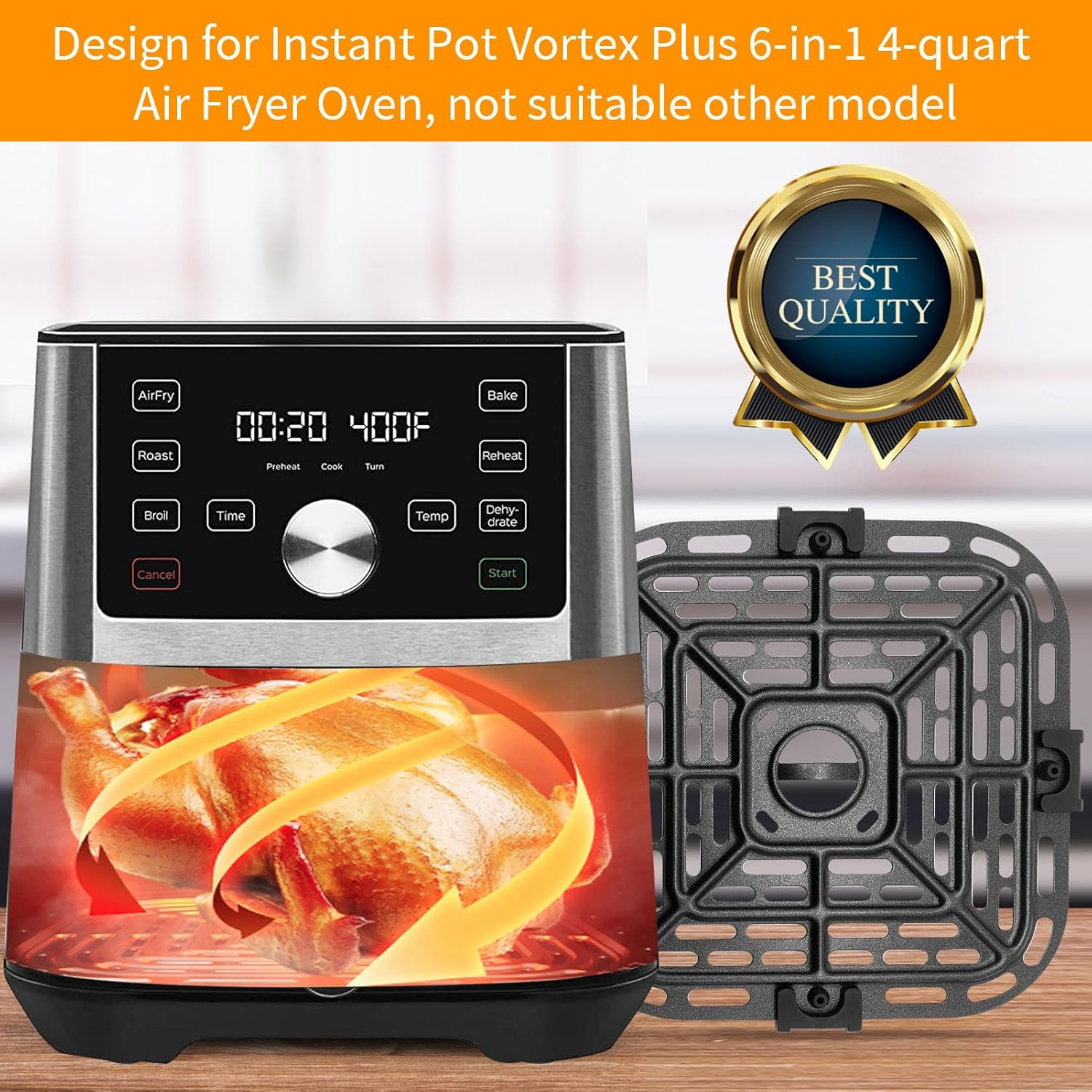 Air Fryer Replacement Parts for Instant Pot Vortex plus 6 in 1 4 Quart Air Fryer Oven, 7.5''&times;7.5'' Square Food Grade Air Fryer Grill Pan Grill Plate Crisper Plate Accessories Tray Rack
