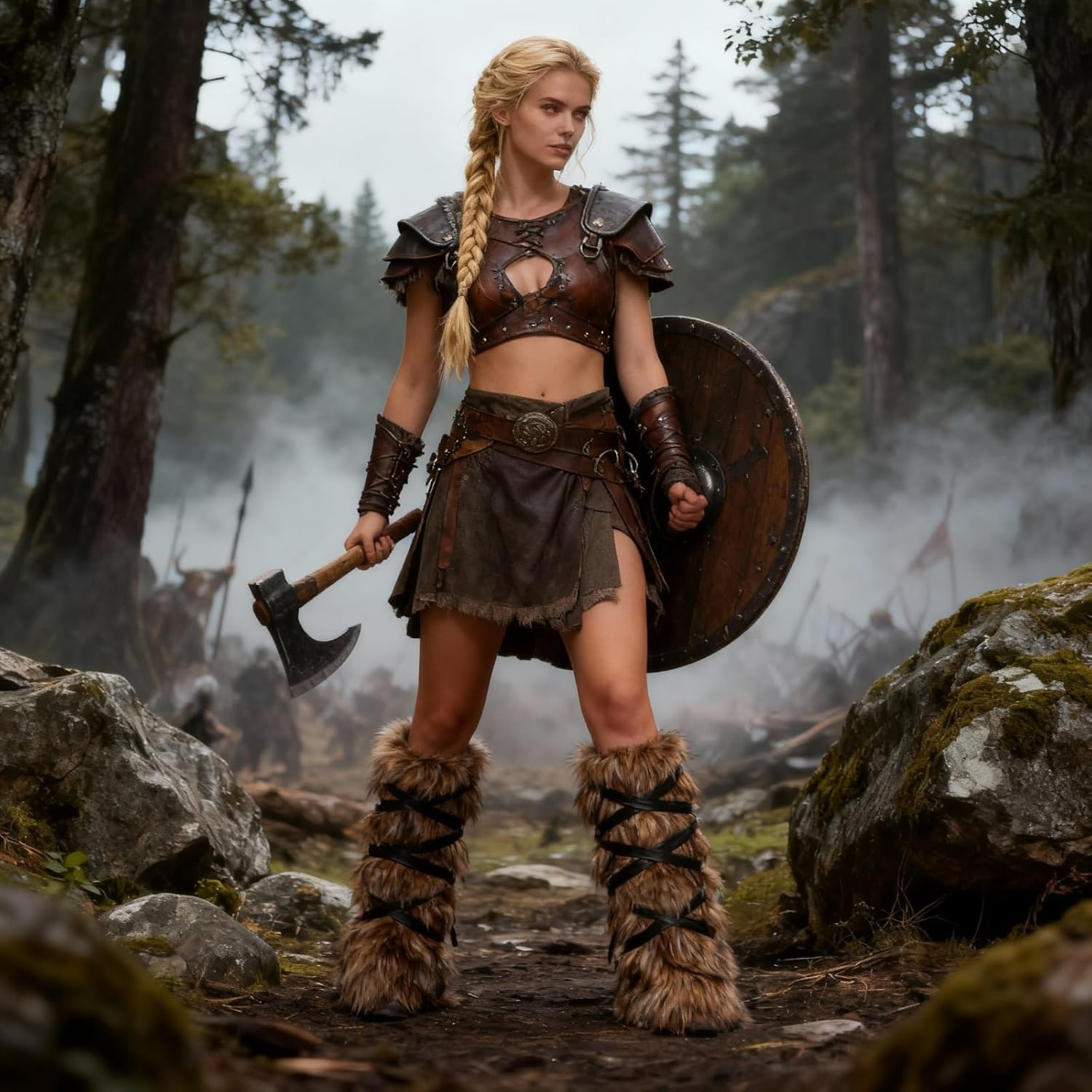 Halloween Viking Warrior Costume Set Brown Faux Fur Arm & Leg Warmers Fluffy Long Boot Cuffs Covers Arm Wrap for Women Adult image number 4