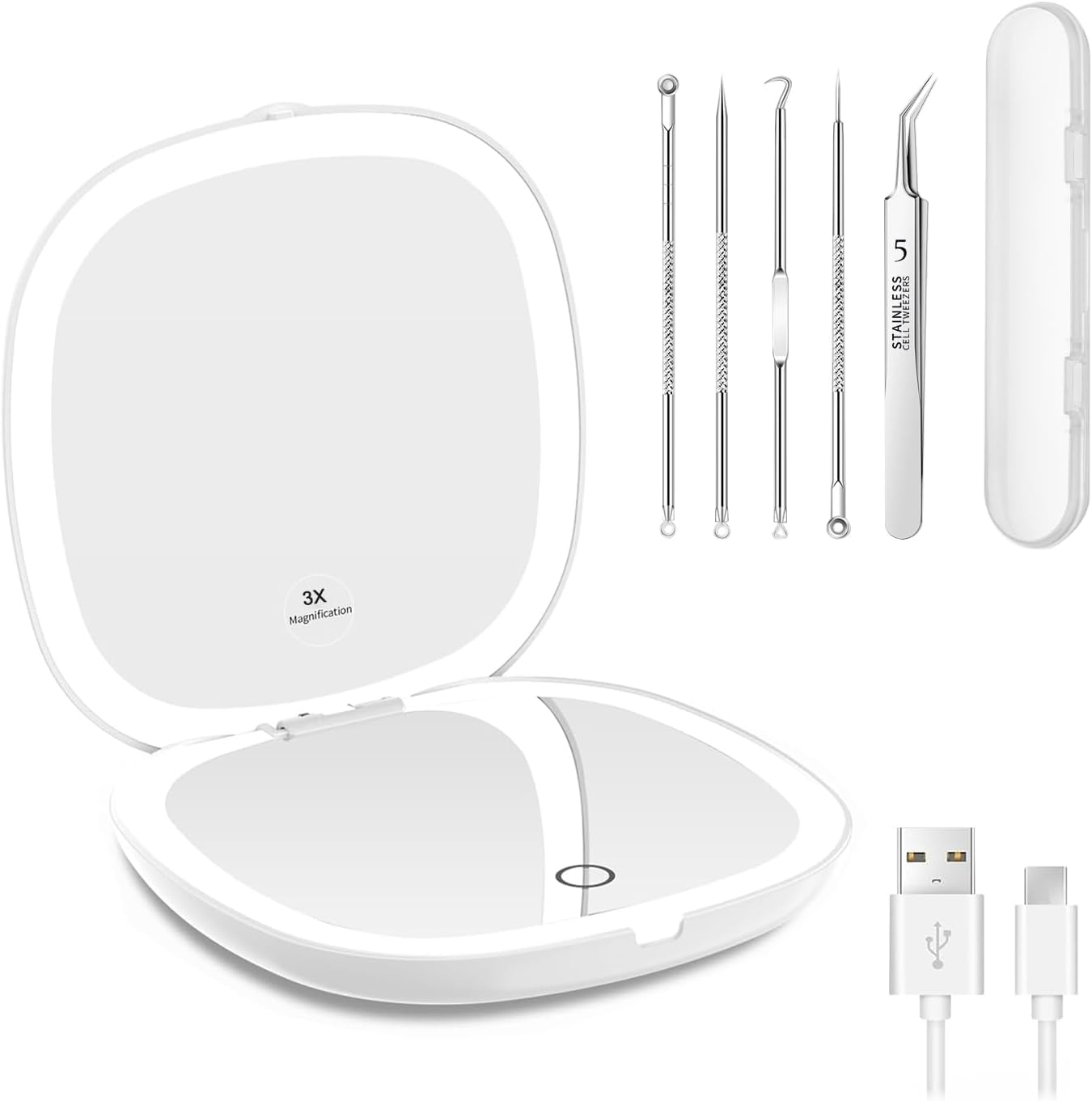 Compact LED Magnifying Travel Makeup Mirror 1X/3X Travel Mirror Makeup Mirror Vanity Mirror Make up Mirror with Lights Precision Tweezers Pimple Popper Blackhead Remover Tool Blackhead Remover image number 1