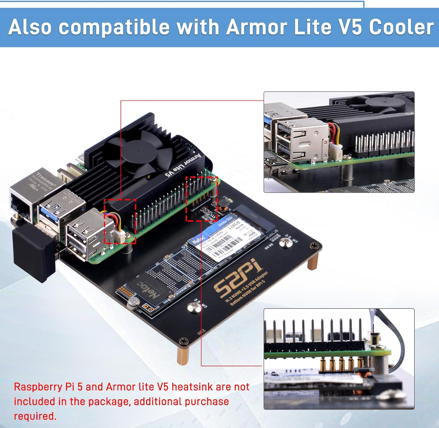 Geeekpi M.2 NVME 2.5 USB Adapter Bottom NU08 for Raspberry Pi 5 with USB 3.0 Connector