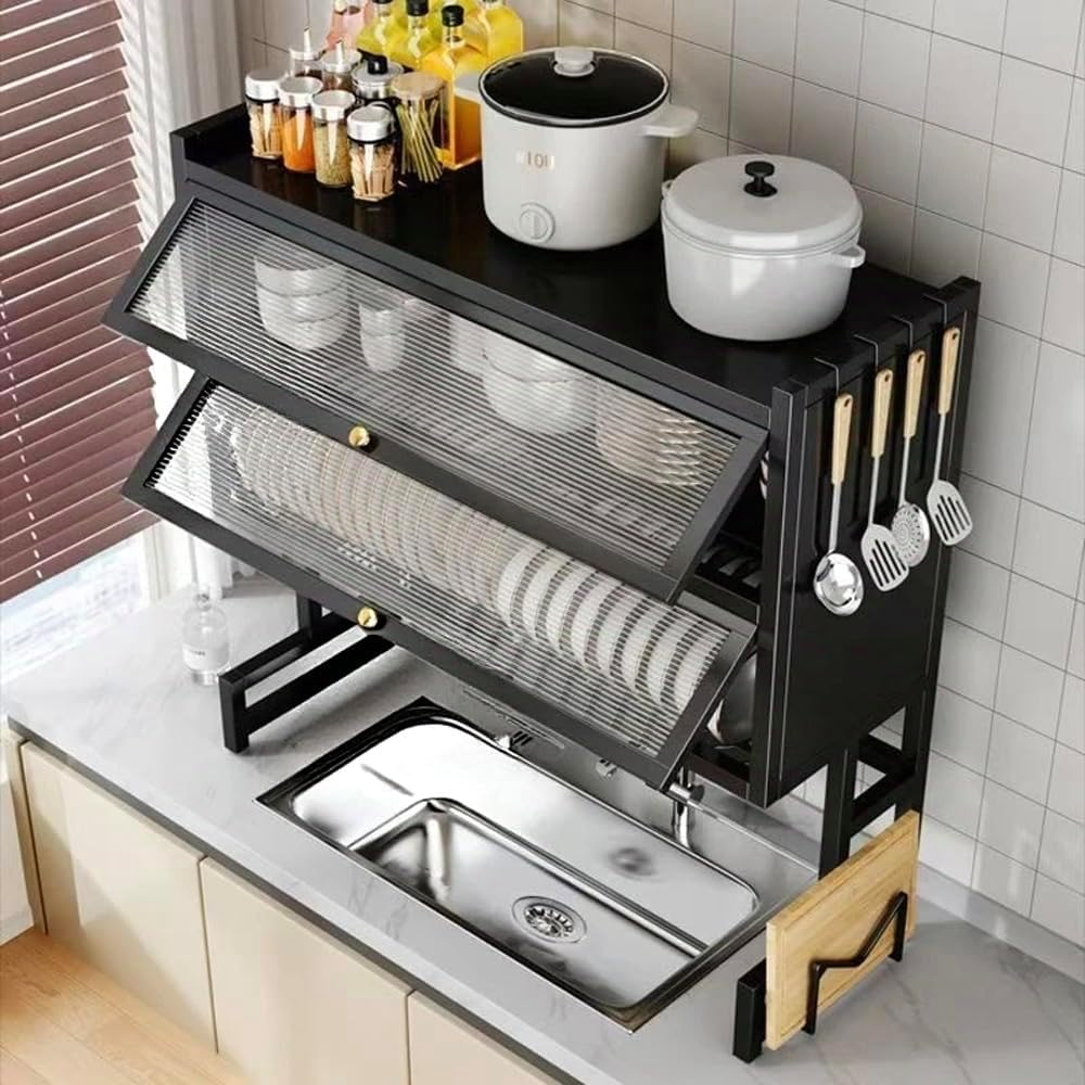 3-Tier Kitchen Drain Racks Dish Drying Fits over Sink. Saves Kitchen Space, Multi-Functional Dustproof Storage. Suitable for 50-100Cm Sinks. Includes 6 Hooks, Utensil Holder & Cutting Board Rack. image number 2