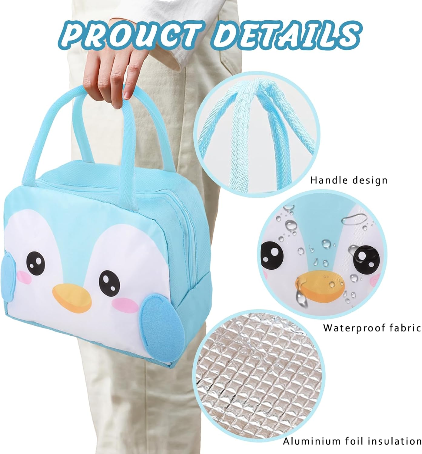 Kids Lunch Bag for Girls Boys, Reusable Insulated Cooler Lunch Bag, Small Cute Lunch Bag for Picnic Travel School (Light Blue) image number 6