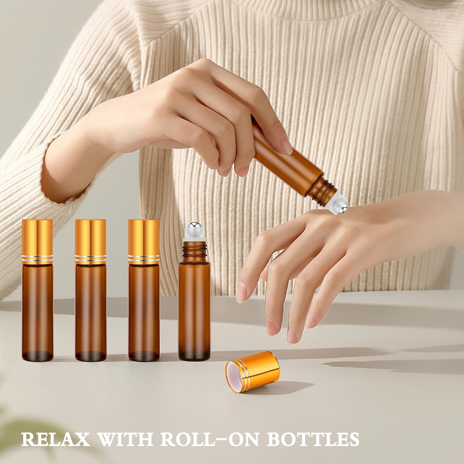 4 Pack, Essential Oil Roller Bottles, Amber Glass Roller Balls for Essential Oils, 10Ml Empty Rollerball Bottles for Travel Refillable Roll on Perfume Bottles with Caps image number 1
