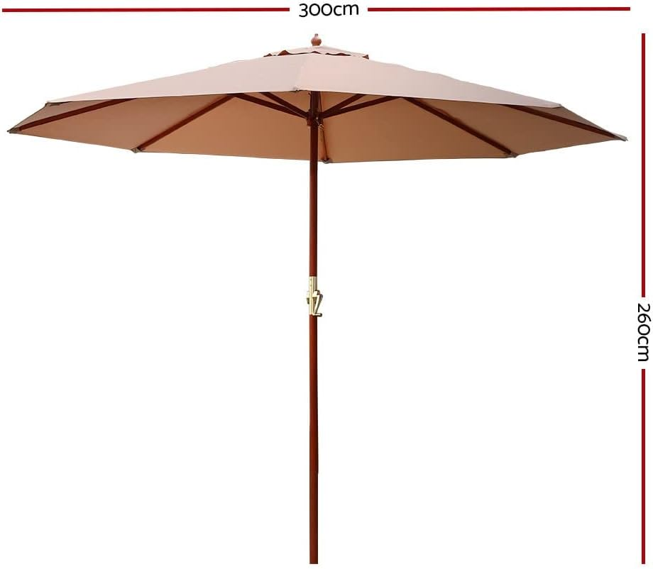 Instahut Outdoor Umbrella 3M Beige Pole Stand, Sun Beach Garden Patio Gazebo Shade, Water Resistant and UV Height Adjustable Wooden Frame image number 3