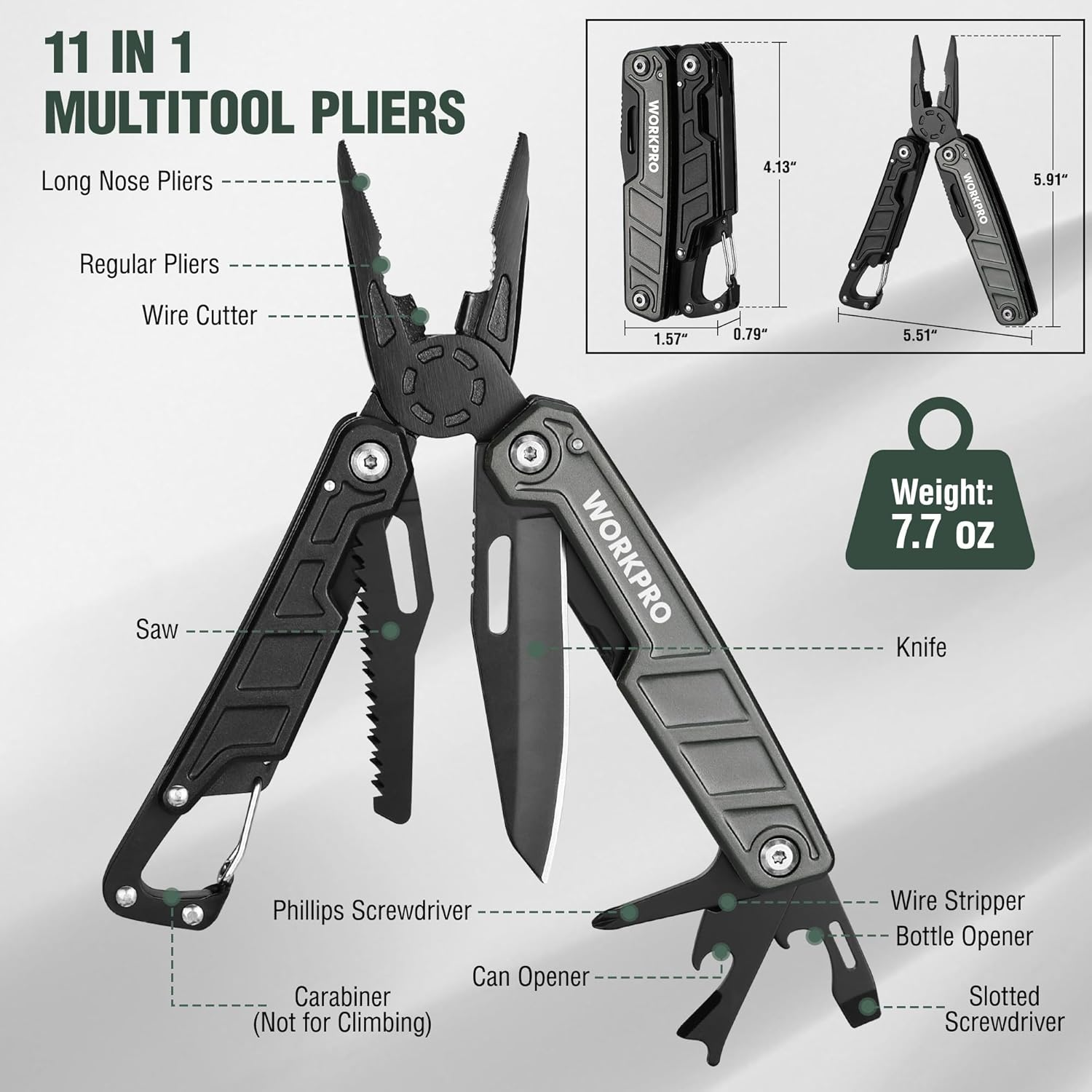 WORKPRO 11-In-1 Stainless Steel Multitool Pliers - EDC Multi-Tool with Safety Lock, Pocket Clip & Sheath - 220G Camping Knife, Screwdriver, Saw, Wire Cutter & Bottle Opener image number 2