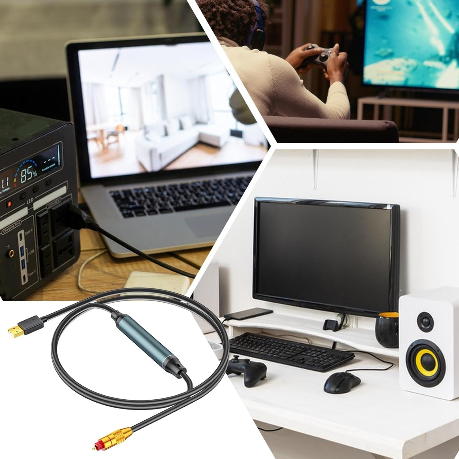 USB to Optical Audio Converter | Plug and Play USB Optical Audio Adapter | Black USB to Optical Cable, Portable USB to Optical Audio Converter for Travel image number 1