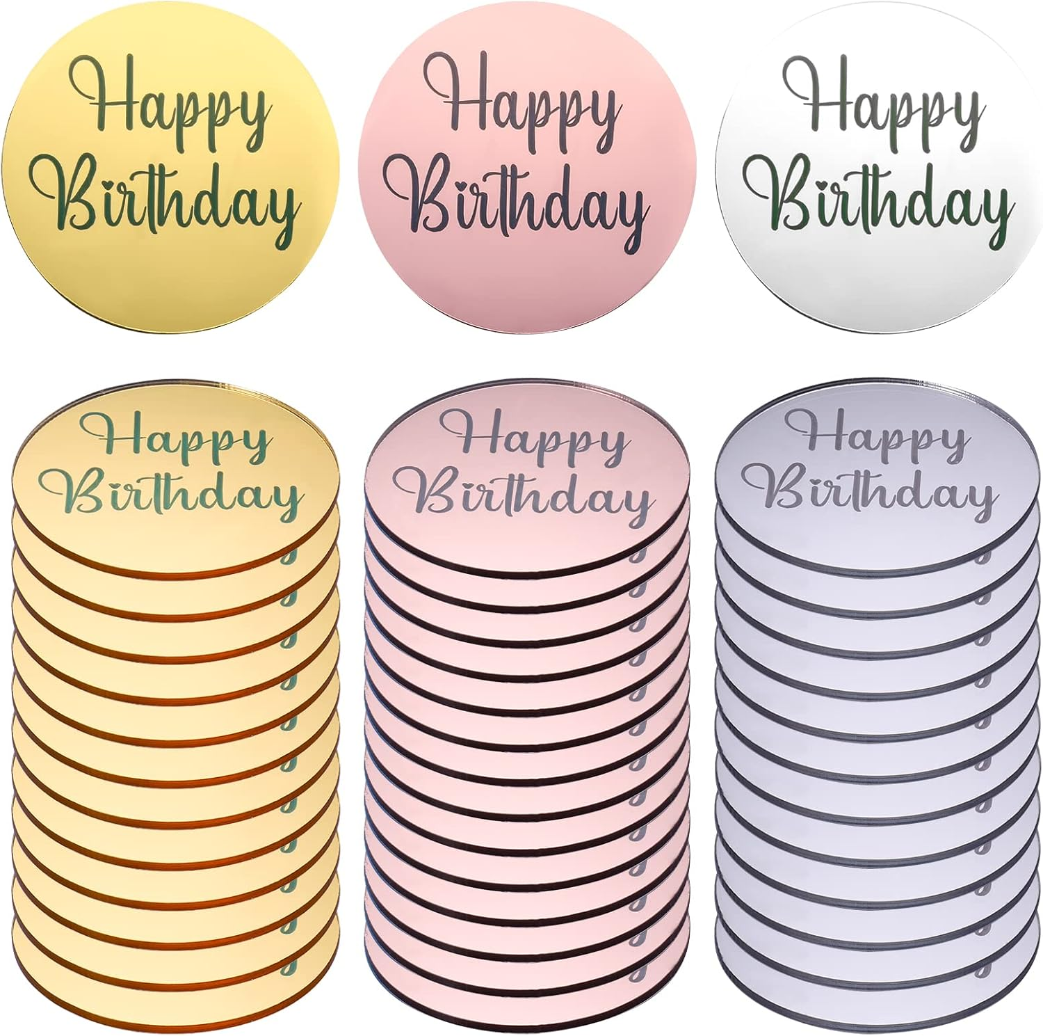 AIEX 33 Pieces Happy Birthday Decorations, Happy Birthday Topper Acrylic Mirror Decoration for Cupcakes Happy Birthday Topper Cake Birthday (Gold, Silver and Rose Gold, Round) image number 2