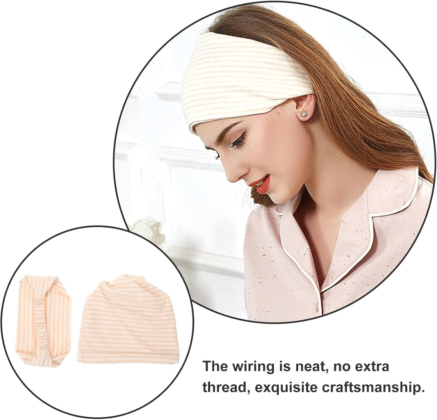 2 Pcs Windproof Maternity Confinement Hat and Scarf Comfortable Soft Covers for Postpartum Mothers Warm Flexible Striped Dome Caps for Night Sleep image number 3