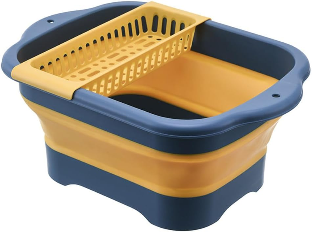 Collapsible Dish Basin with Draining Rack- 11L Foldable Bucket Sink Tub Portable Multifunctional Hang Basket, Space Saving Plastic Basin for Outdoor Camping, Vegetable Washing Kitchen Storage