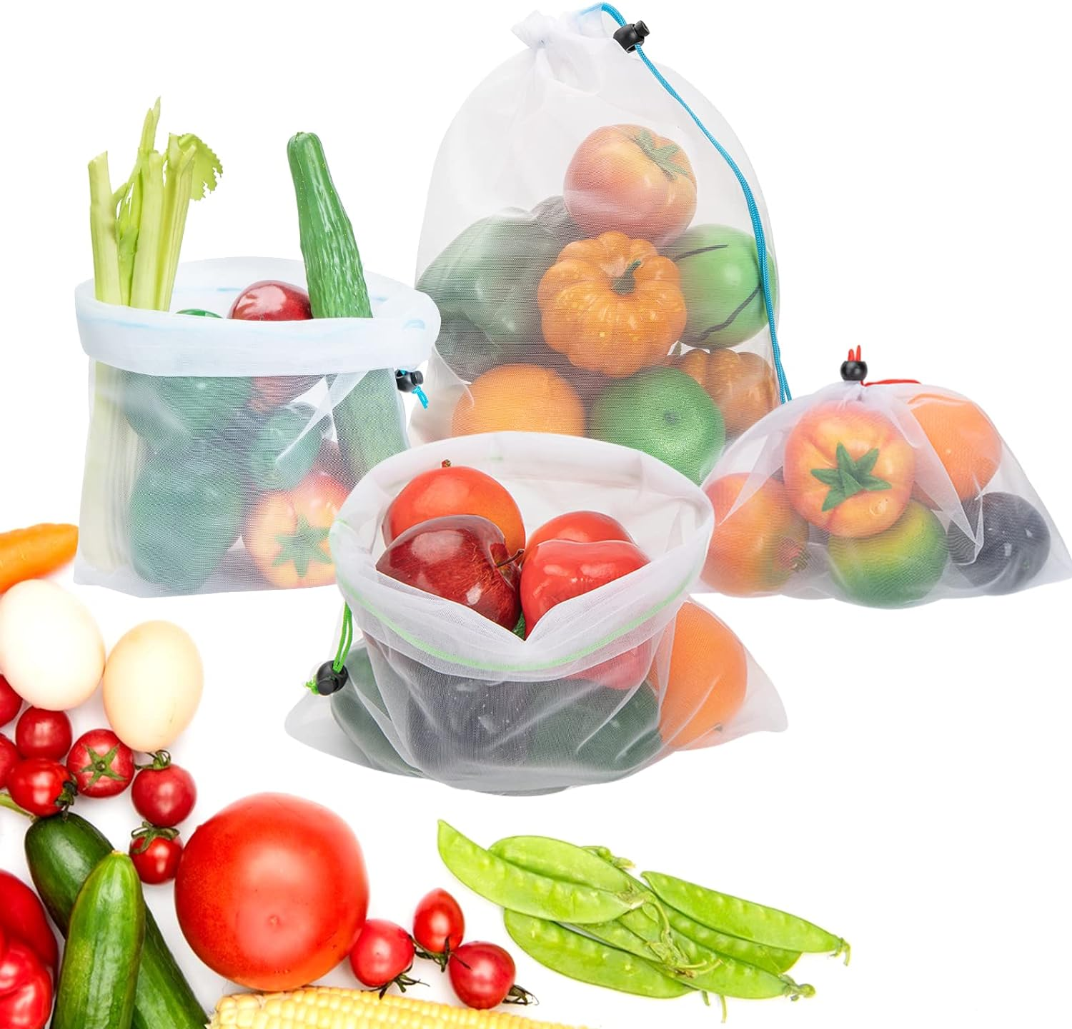 Set of 8 Reusable Mesh Produce Bags- Washable Produce Bags - 8 Blue Large (12"X17") See-Through Mesh Produce Bags for Storage Fruit, Vegetable, Toy image number 5