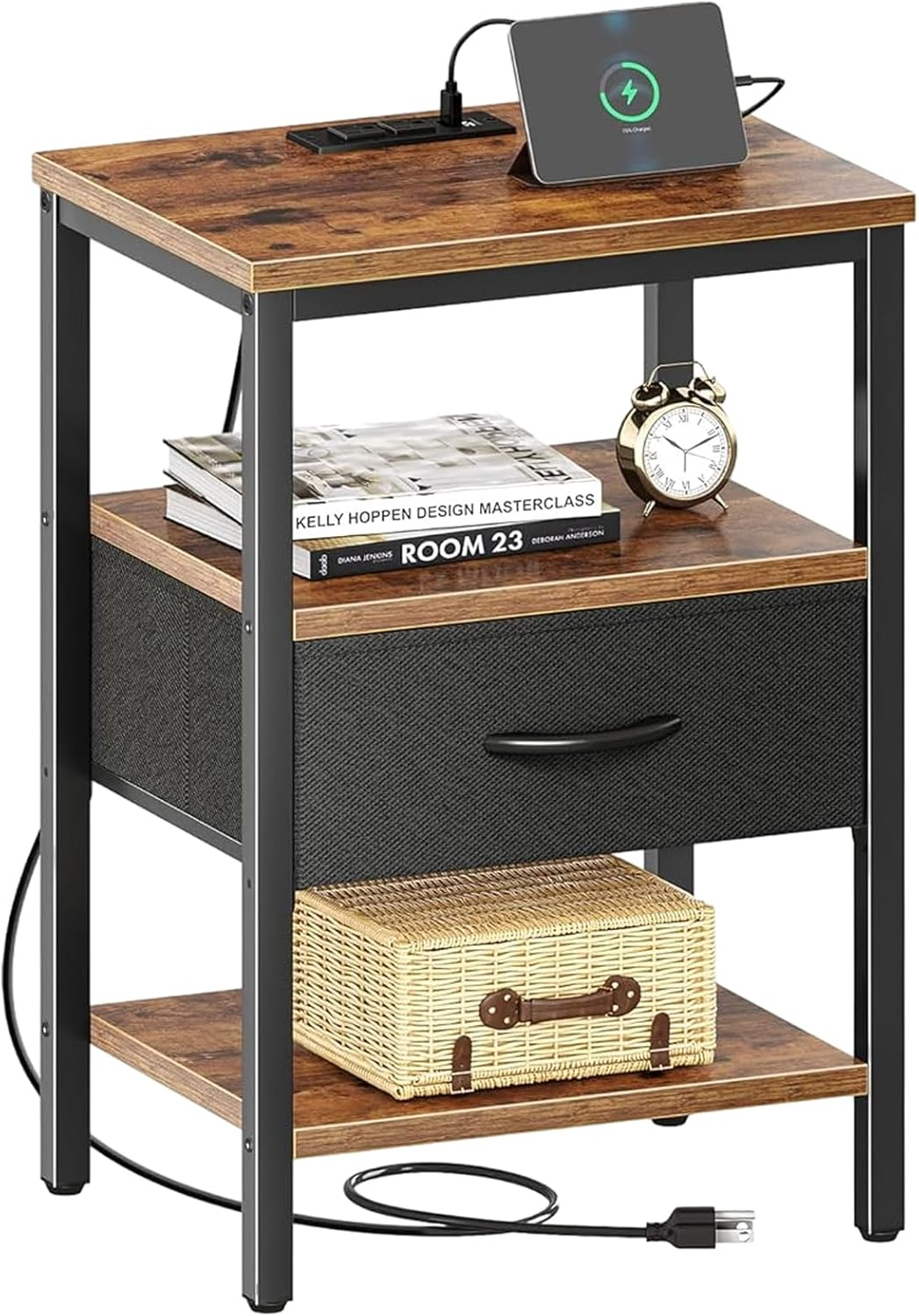 Nightstand with Charging Station, End Table with Storage Shelf and Fabric Drawer, Bedside Table with USB Ports and Outlets for Bedroom Living Room, 40 * 30 * 60Cm Rustic Brown
