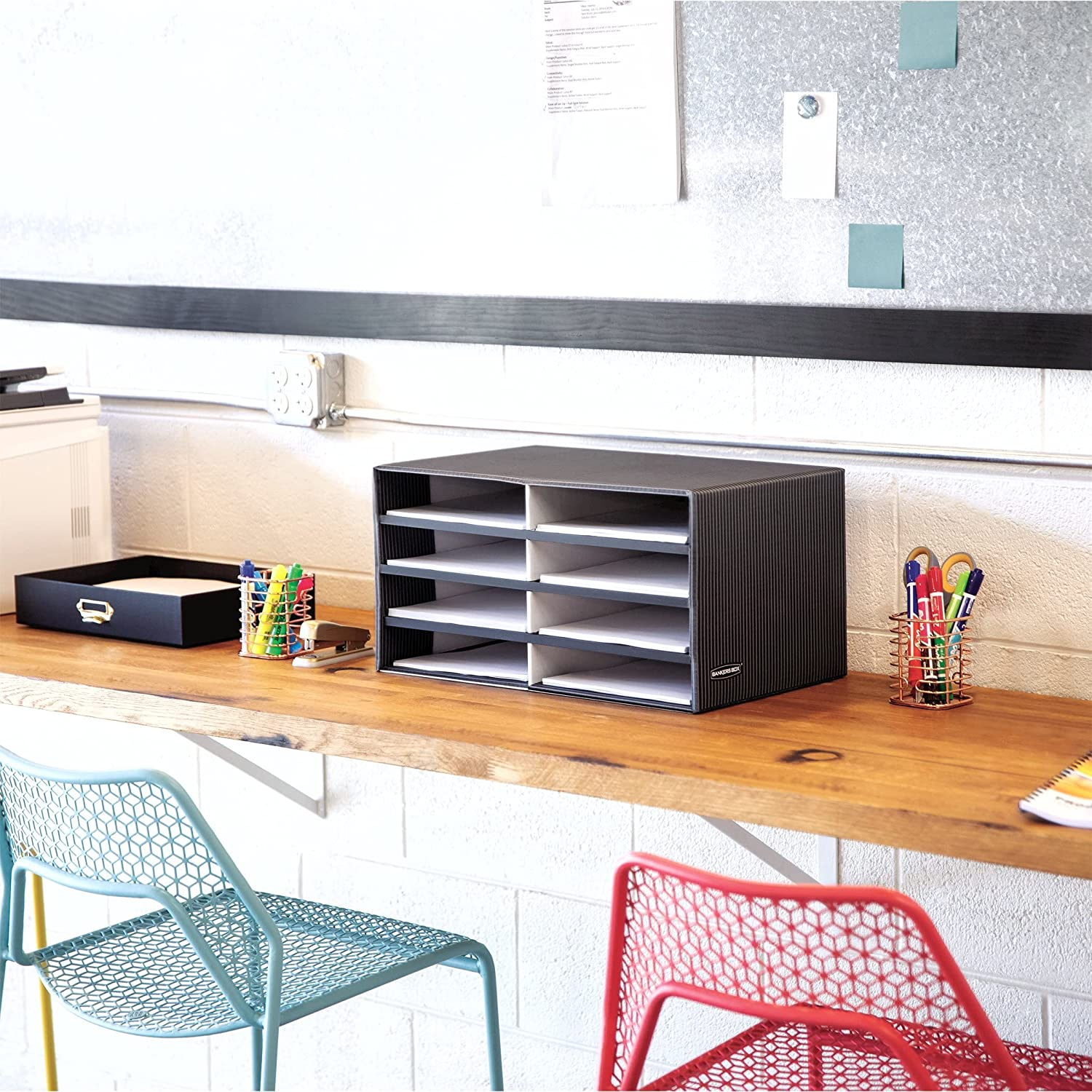 Bankers Box Decorative Eight Compartment Literature Sorter, Letter, Black/Gray Pinstripe (6170301) image number 1