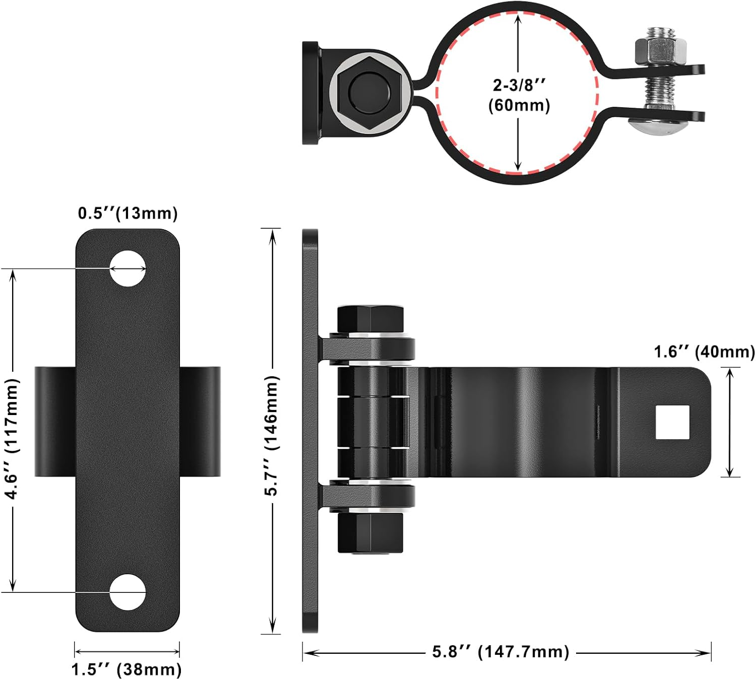 Gate Hinges Heavy Duty Carbon Steel Chain Link Fence Parts Electroplated Finish, Removable Bolts for Wall Mount, Fits 2-3/8'' Outer Diameter Pipes/Posts for Farm, Fence Gate (4Pack, Black) image number 1