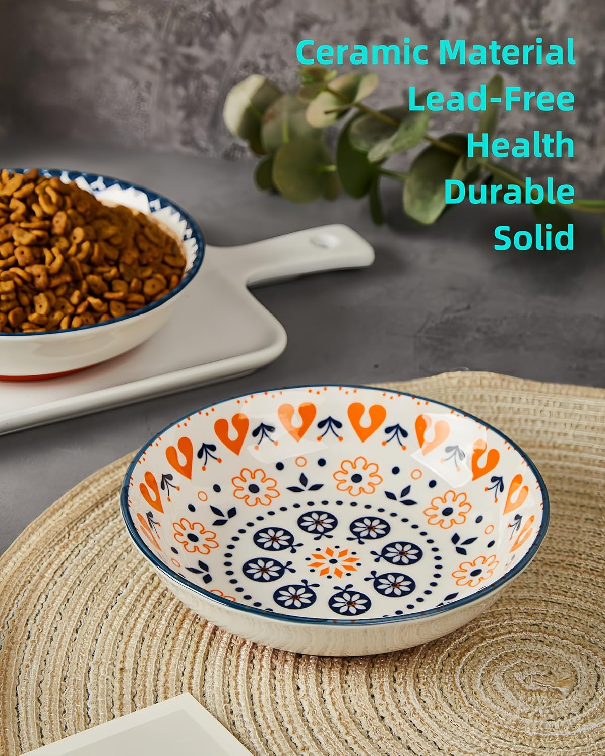 3 Pack Non-Slip Cat Food Bowl, No Spill Ceramic Cat Bowls, anti Whisker Fatigue Cats Dish Set for Indoor Cats, Shallow Wide Kitten Dishes for Food, Boho Kitten Bowls with Silicone Bottom